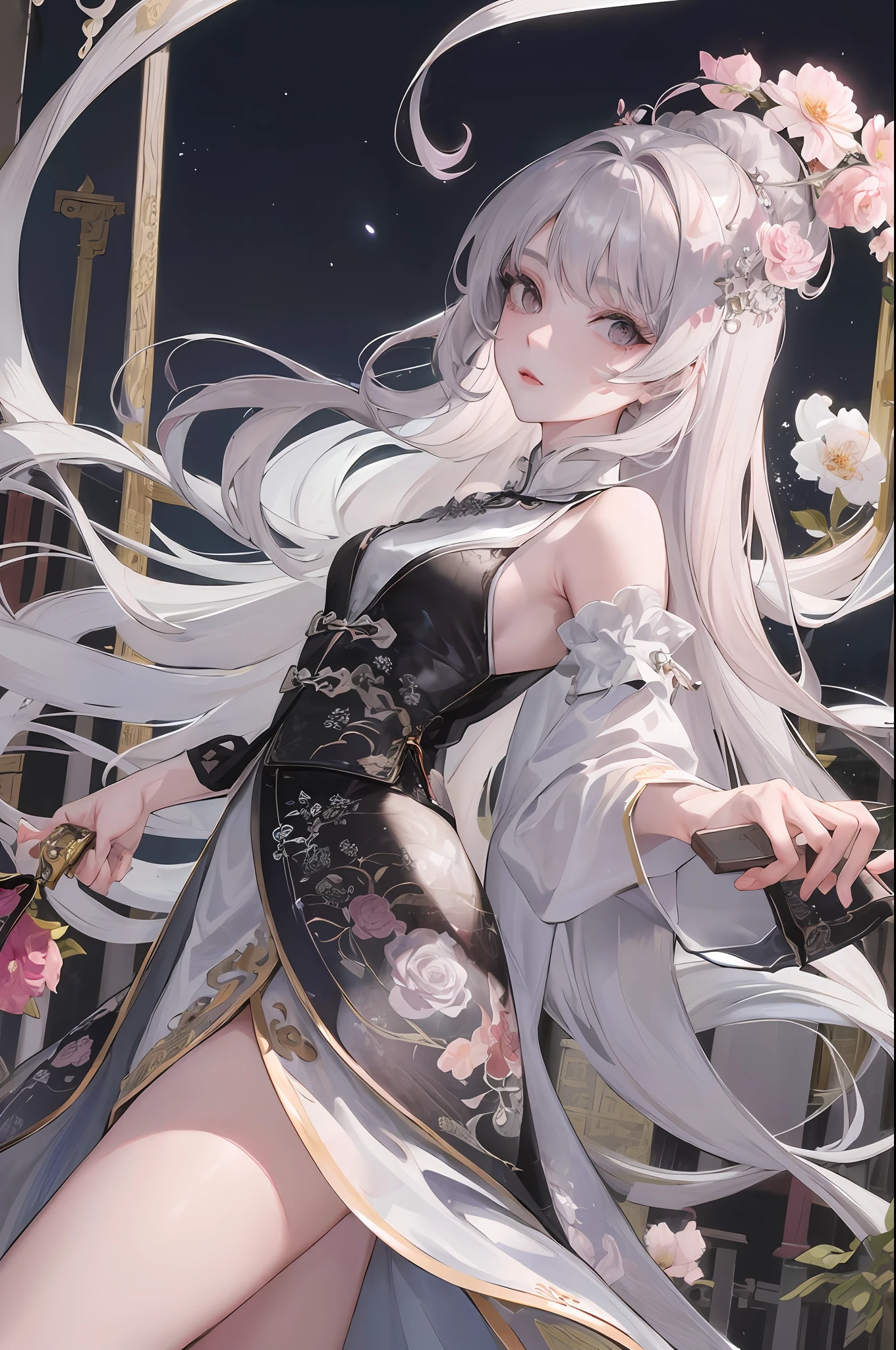 Masterpiece, Excellent, Night, Full Moon, 1 Woman, Mature Woman, Chinese Style, Antique China, Sister, Royal Sister, Cold Face, Expressionless, Silver-White Long-Haired Woman, Light Pink Lips, Calm, Intellectual, Three Bands, Gray Eyes, Assassin, Short Knife, Flower Ball Background, Walking in the Street View, Facial Details