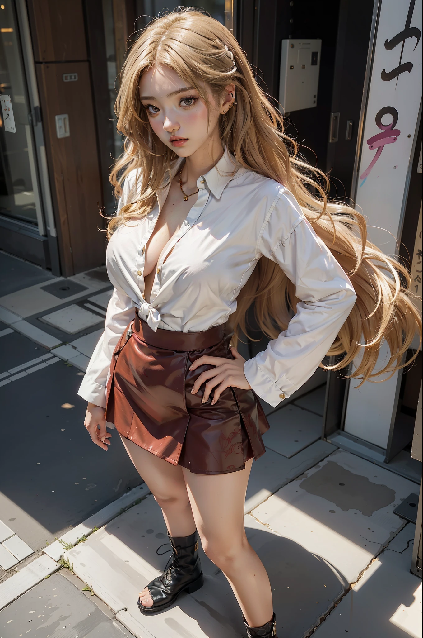 she is adding a touch of elegance to her overall look a grown-up version of a character, wavy blond hair, tie up hair, neatly styled into a side tail, bitch, Back alley, bad girl, gyaru, full body, plump chest, tight stomach, long legs, ((nice hip, low angle shot)), pierced, light brown eyes, princess eyes, heavenly beautiful girl in her late s, Japanese anime characters, ((flirty summer outfit, very loose shirt, very short skirt)), Japanese, Pretty girl, perfect anatomy, charming poses, bewitching poses, dynamic poses, open-minded, intimate, hourglass body, 8 life size, centered, approaching perfection, dynamic, attractive poses, highly detailed, artstation, concept art, smooth, sharp focus, illustration, full body shot, character sheet, Beautiful anime watercolor painting, 8k, masterpiece, graffiti paint, fine detail, full of color, intricate detail, golden ratio illustration, She exudes an "intellectual beauty" epic