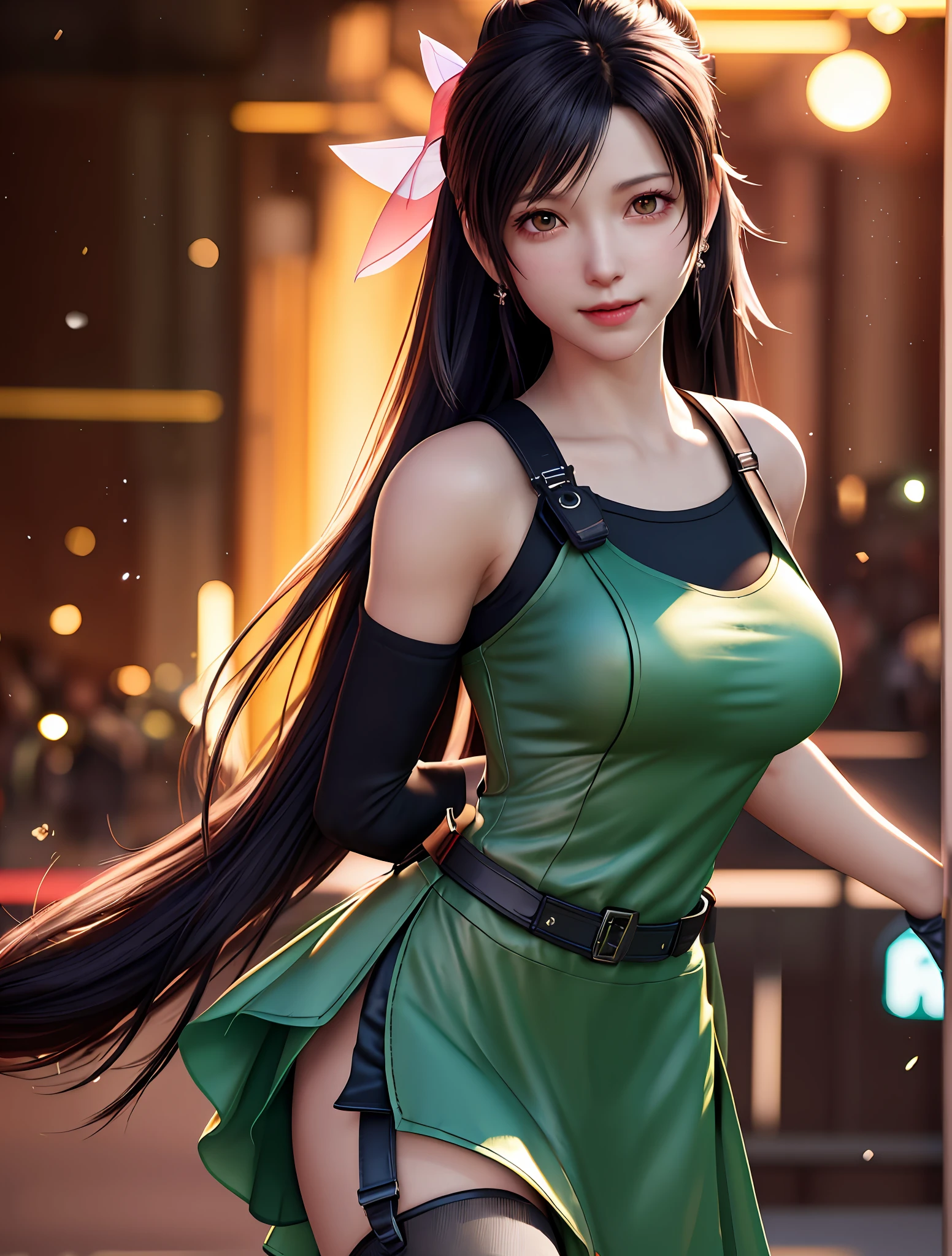 pureerosface_v1,ulzzang-6500,corneo_covering_breasts_one_arm, ass, (8k, best quality, masterpiece:1.2), (realistic, photo-realistic:1.37), ultra-detailed, 1 girl,cute, solo, ((tifa lockhart,tifa tifa lockhart's sporty dress)), (big breasts),(beautiful detailed eyes), (smile:1.2), (closed mouth), arms behind back, neon lights, cityscape, depth of field, dark intense shadows, sharp focus, cars, motion blur, motor bikes, depth of field, good composition, green glowing light, Final Fantasy VII, dating,(nose blush), single elbow pad, black hair, red shoes, muscular,abs,taut shirt,black skirt, thighhighs, full body, head rest, lips, pretty face, low-tied long hair, ((red_eyes)), yellow flowers, (night:1.3), intricate, bokeh, cinematic lighting, photon mapping, radiosity, physically-based rendering, (Tetsuya Nomura style)