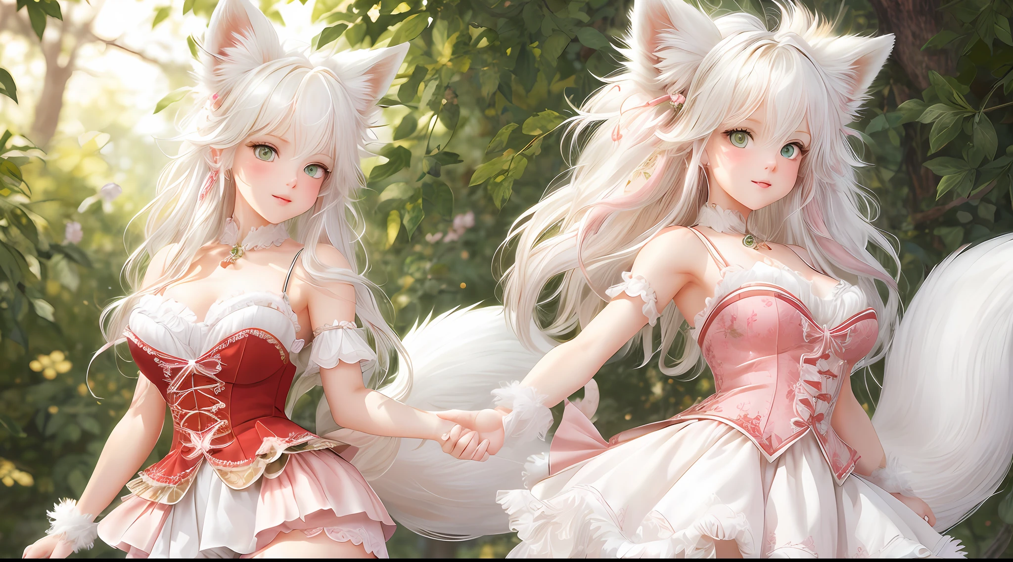 (Masterpiece: 1.2), best quality, ultra-detailed, beautiful CG illustration depicting a pretty white-haired fox girl with sweet green eyes, a red nose, and moist cheeks. She was wearing shorts and standing high. The white fur and pink embellishments are breathtaking, and each pose shows a sensual temperament with beastly beauty.