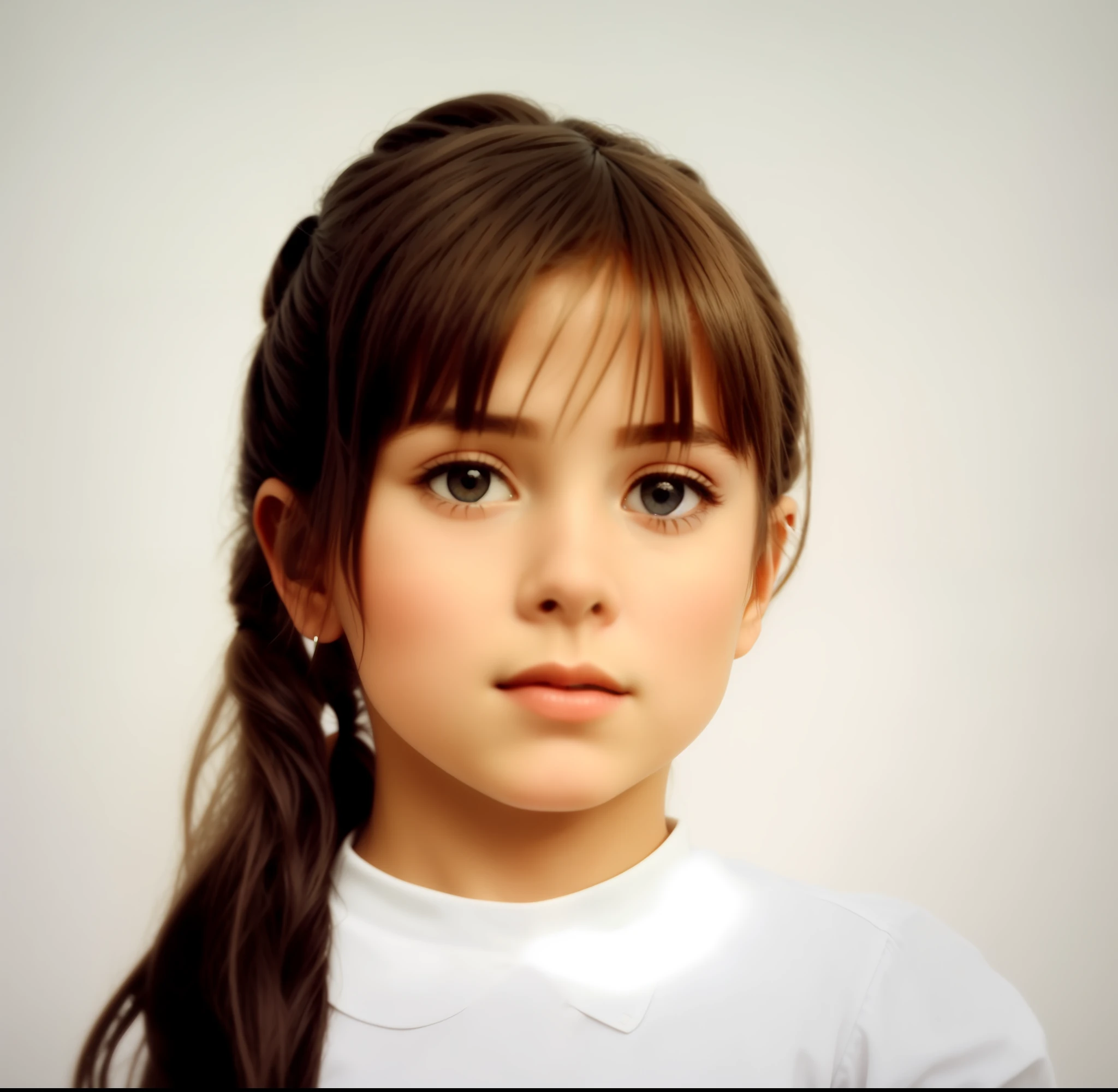 beautiful antique photo of a young girl with a ponytail in a white shirt, taken in the early 1990s, with a vintage and nostalgic vibe)