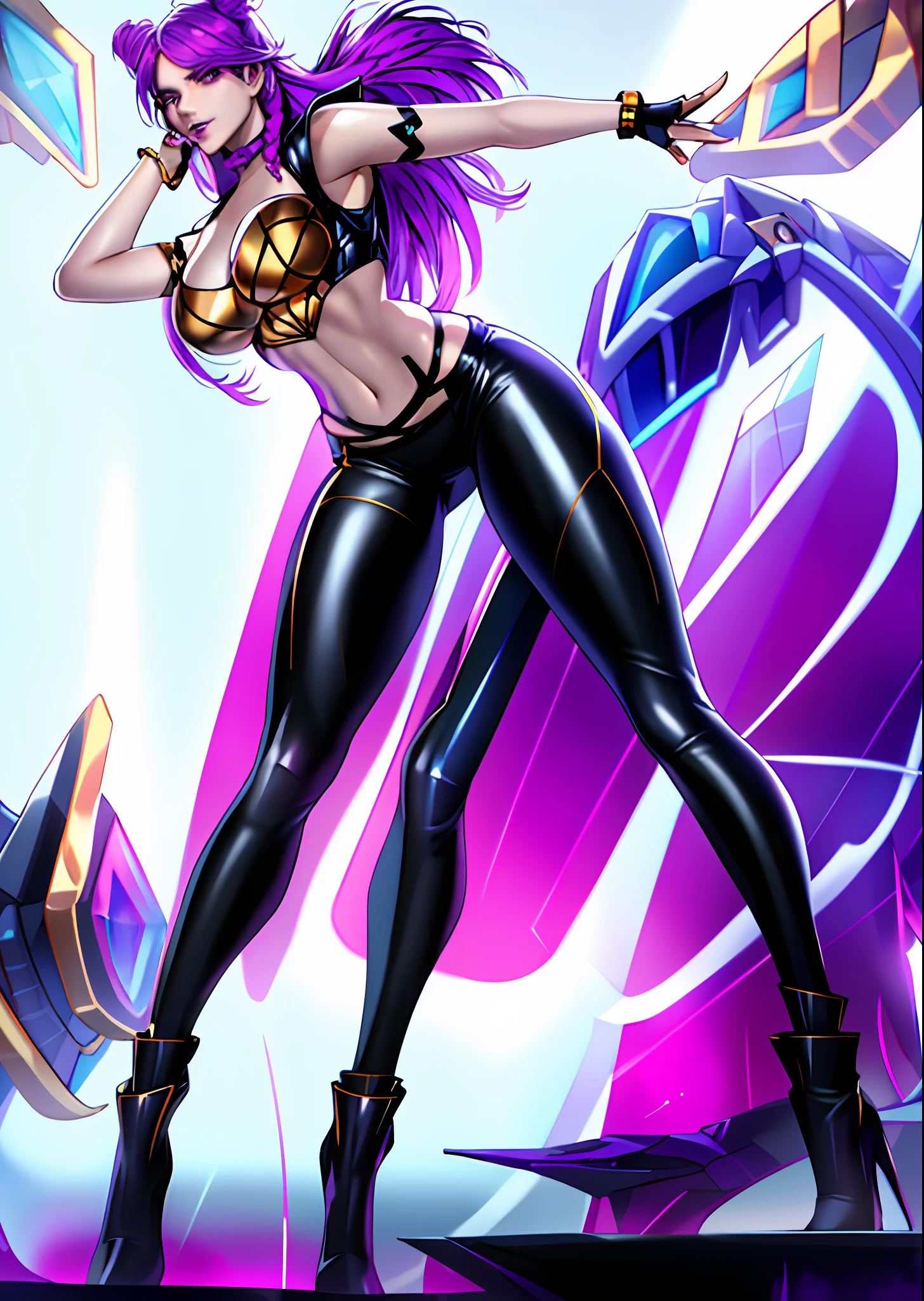 high quality, photorealistic, realistic, 8k, highres, fine light, studio lighting, standing, portrait of a girl, sexy pose, purpel hair, black legging, tight pants, purple hair, bare shoulders, crop top, medium breasts, black gloves, beautiful face, beautiful eyes, kai'sa kda, from below