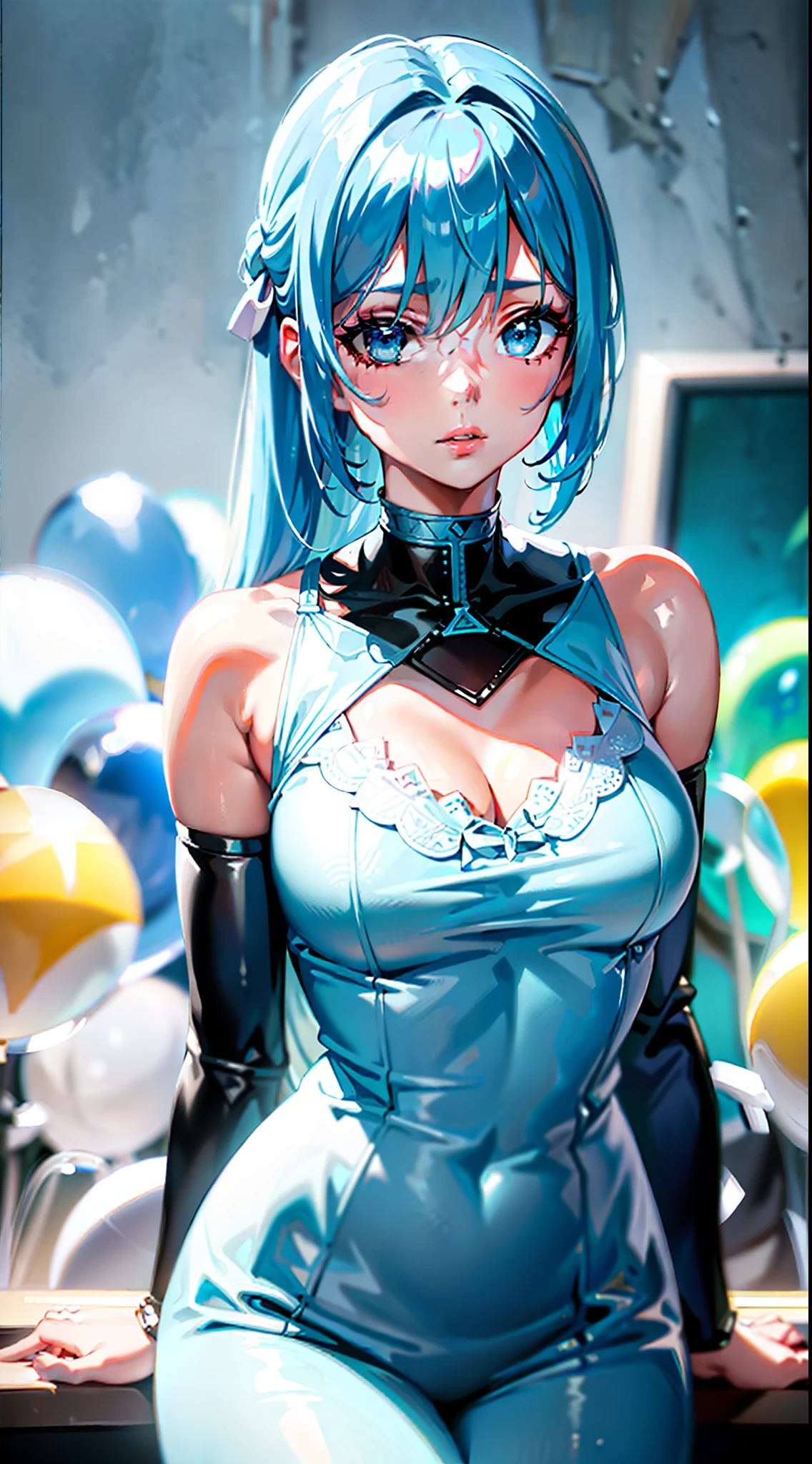 (MASTERPIECE)), (BEST QUALITY), (DETAIL), (1girl), LIGHT BLUE AND BLUE GRADIENT HAIR, LIGHT BLUE GLOWING EYES, UPSTYLE, (MASTERPIECE:1.2),(CGI ART:1.3),(REALISTIC:1.5),(POST PROCESSING:1.3),(SHARP FOCUS:1.3),8K,1 GIRL IN THE BEDROOM,(( Upper body)),((white dress)))、((((glossy skin)))), (wide shot:1.4), window, (((Pastel balloons MESS IN Background)))), (high shadows detail) , (illustration: 1.2), (ulzzang-6500 :1.0), ((HDR)), looks down on viewers