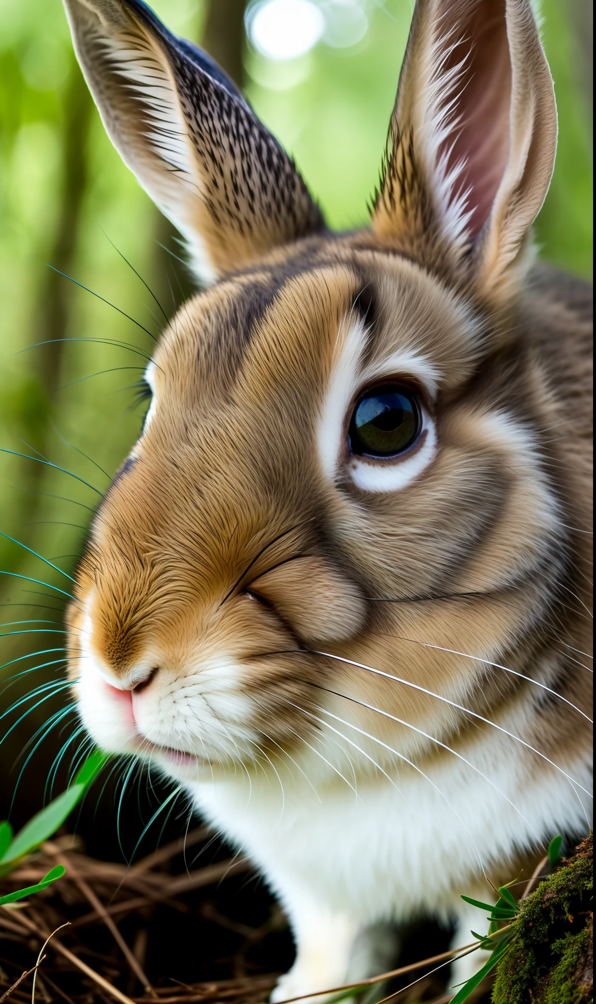 Award-winning extreme close-up photo of rabbit in forest, soft light, rim light, cinematic, masterpiece, animal skin detailed, extremely detailed, 8k, HDR, Geographical nature