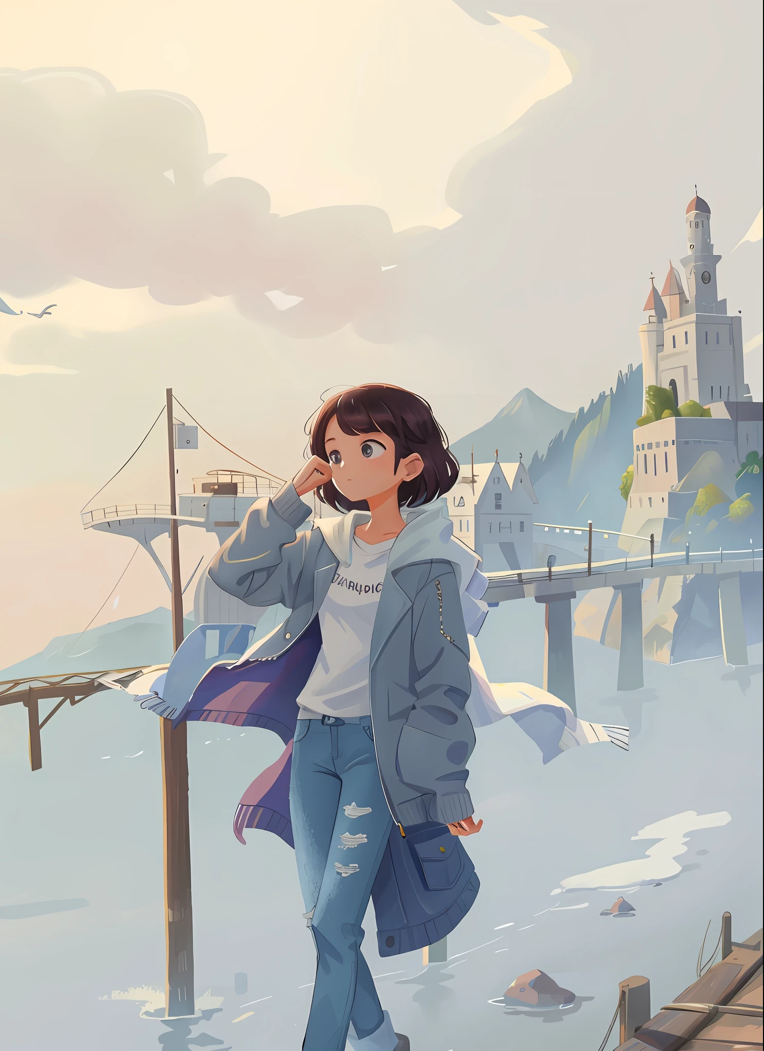 1girl, shawl hair, white T-shirt, dark gray sweater jacket, light jeans, leaning against bridge fence, sea and mountains in background, boat in background, depth of field,