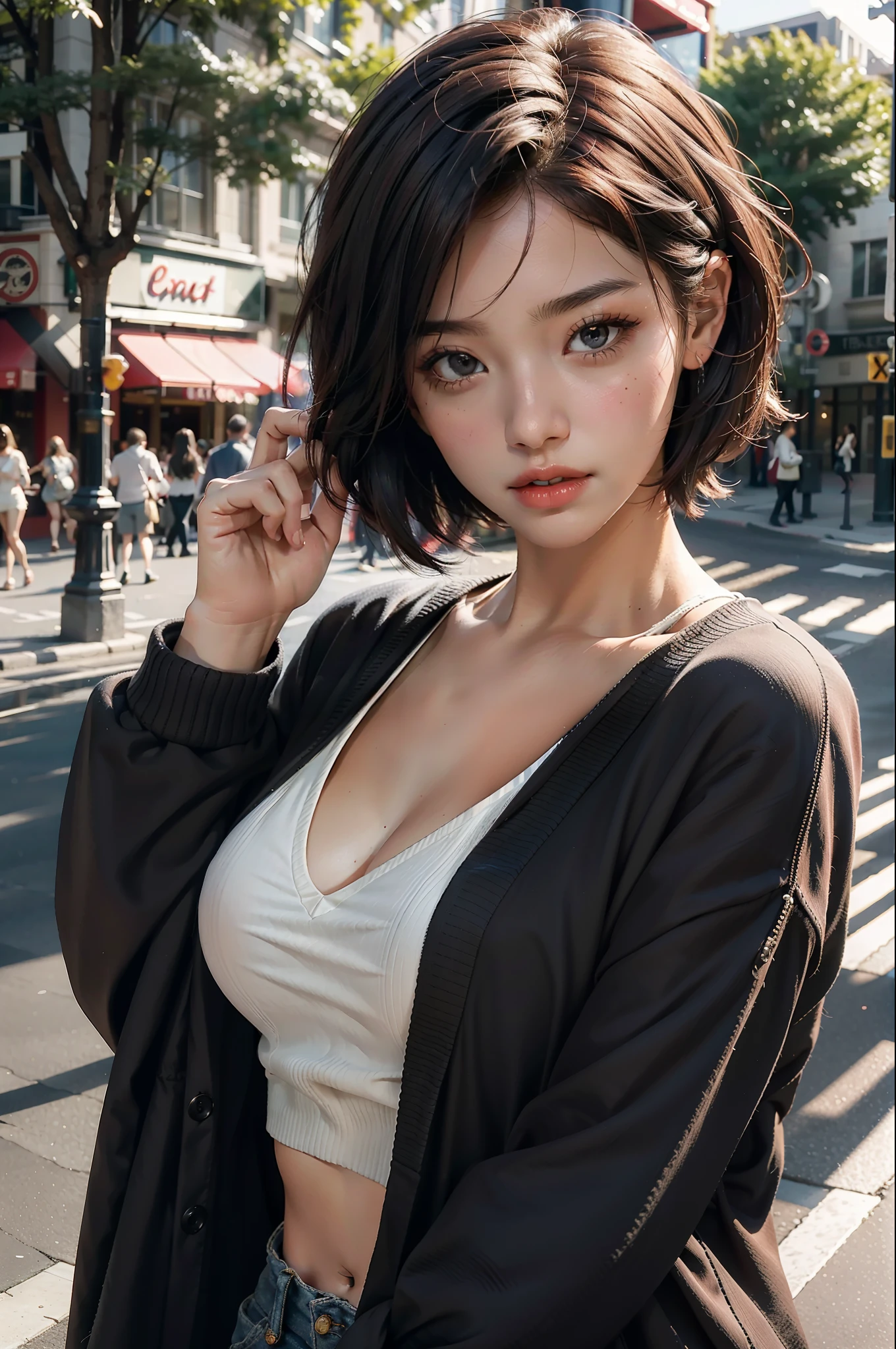 without clothes, outdoors, city, cardigan, age 22, approaching perfection body curve, 8 life size, divine braest, tight firm hip, short burgundy hair, shy, blush, 1girl, solo, ((reality2)), black eyes, ((attractive)), ((young)), (open-minded, intimate, flirty), make up, dynamic, RAW photo, best quality, realistic, photo-realistic, best quality ,masterpiece, an extremely delicate and beautiful, extremely detailed, 8k wallpaper, Amazing, (((finely detailed))), 8k wallpaper, huge file size, ultra-detailed, high res, extremely detailed, realistic, 8K, Ultra-High Definition, highest quality, ultra high resolution, (realistic:1.4), High quality texture,(extremely detailed eyes and face), cardigan,