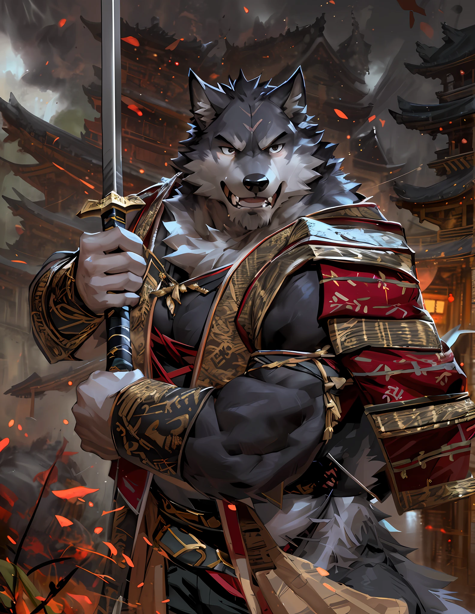 masterpiece,best quality,ultra detailed face, dynamic angle, (dynamic fighting pose), japanese sword, (katana), motion trails, dreamy, drawing, trending on artstation, anthro (wolf), solo, male, (wolf), black beard,middle-aged, scar, gray body,white belly,muscular, (black kimono),fury,brutal,clenched tooth, correct anatomy, correct hand,,hd, dim ,dark,dark shadows, light against dark,cinematic, dramatic light,wide dynamic range, hdr, low light:1.2, by Pino Daeni, (by ruaidri), by virtyalfobo