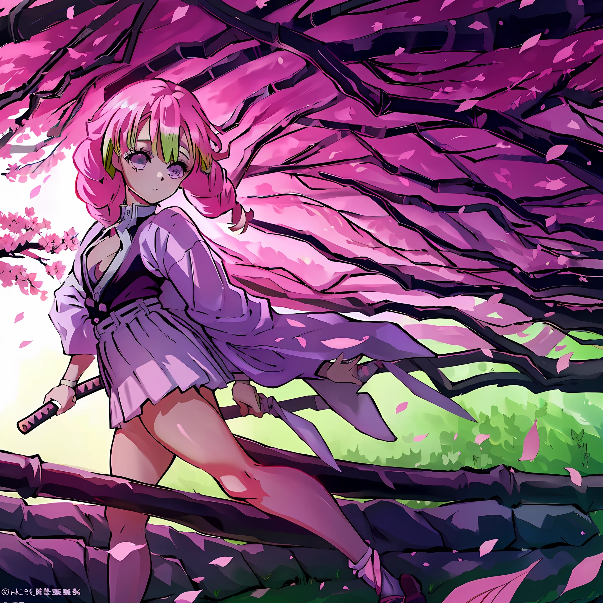 a girl in a sakura forest holding a katana, 1girl, beautyful, ultra detailed, kimetsu no yaiba, cute, solo, fullbody, good anatomy, standing, katana, beautyful body, sakura forest, beautyful legs, beautyful face, high quality, anime, beautyful background, beautyful, good proportions