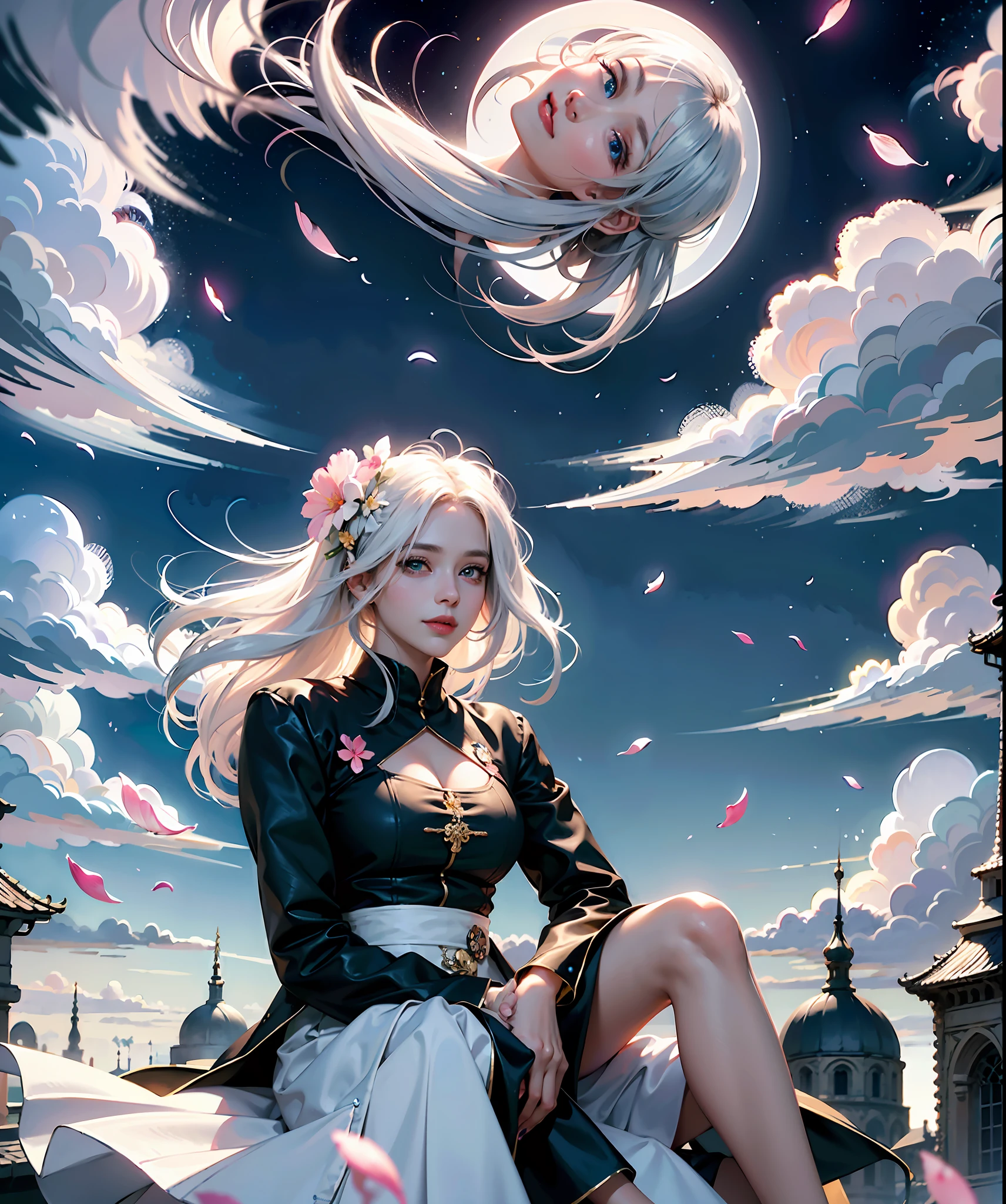 masterpiece, best quality, 1girl, (colorful),(finely detailed beautiful eyes and detailed face),cinematic lighting,bust shot,extremely detailed CG unity 8k wallpaper,white hair,solo,smile,intricate skirt,((flying petal)),(Flowery meadow) sky, cloudy_sky, building, moonlight, moon, night, dark theme, light, fantasy,