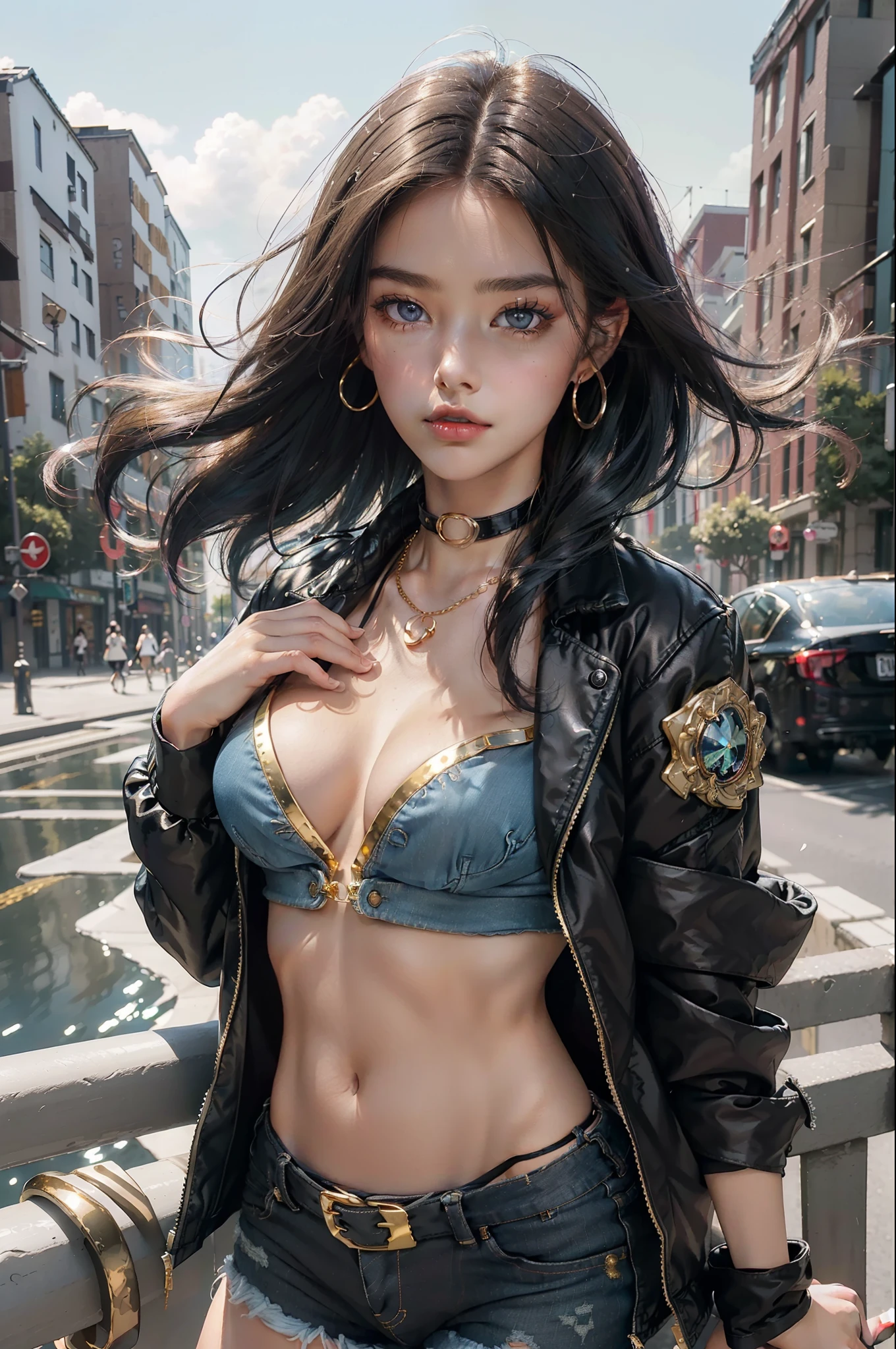 ((masterpiece)),(illustration),(((best quality)),iridescent, ((beautiful detailed girl)), medium breast,upper_body, (delicate cute face),lovestruck,(iridescent eyes), ((floating_hair)),iridescent, parted lips, black choker, gold chain, single glove, white gloves, long sleeves, bandeau, cleavage, strapless, tube top, navel, midriff, open jacket, open clothes, black jacket, black belt, denim shorts, cutoffs, mismatched footwear, ,beautiful landscape, gold city \(umamusume\), modeling shot,