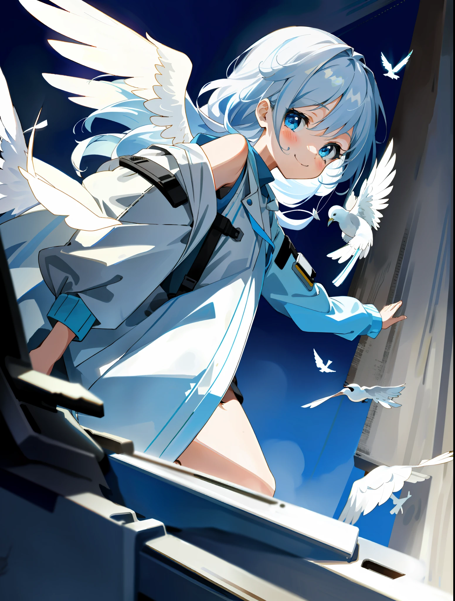 A , facing the camera, smiling, gentle, white dove, delicate face, delicate hair, white shoulder-length hair, punk jacket, front view, blue eyes, goggles, dramatic light, dramatic shadow, ray tracing