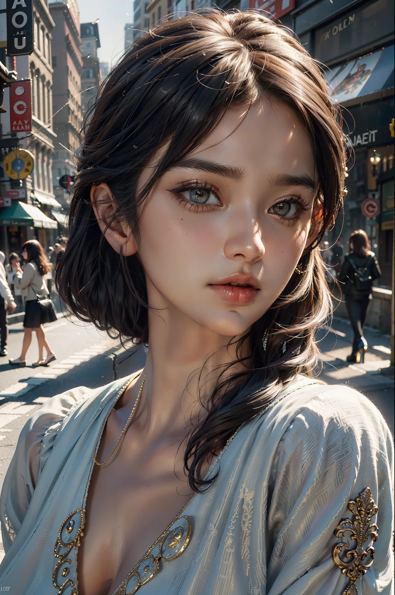 fashi-girl, masterpiece, best quality, best illustration, HDR, beautiful details, intricate details, detailed scenery, dramatic light, best shadow, (close up portrait), 1girl, delicate, makeup, 18 year old, medium breast, detailed skin texture, in city street, tyndall effect