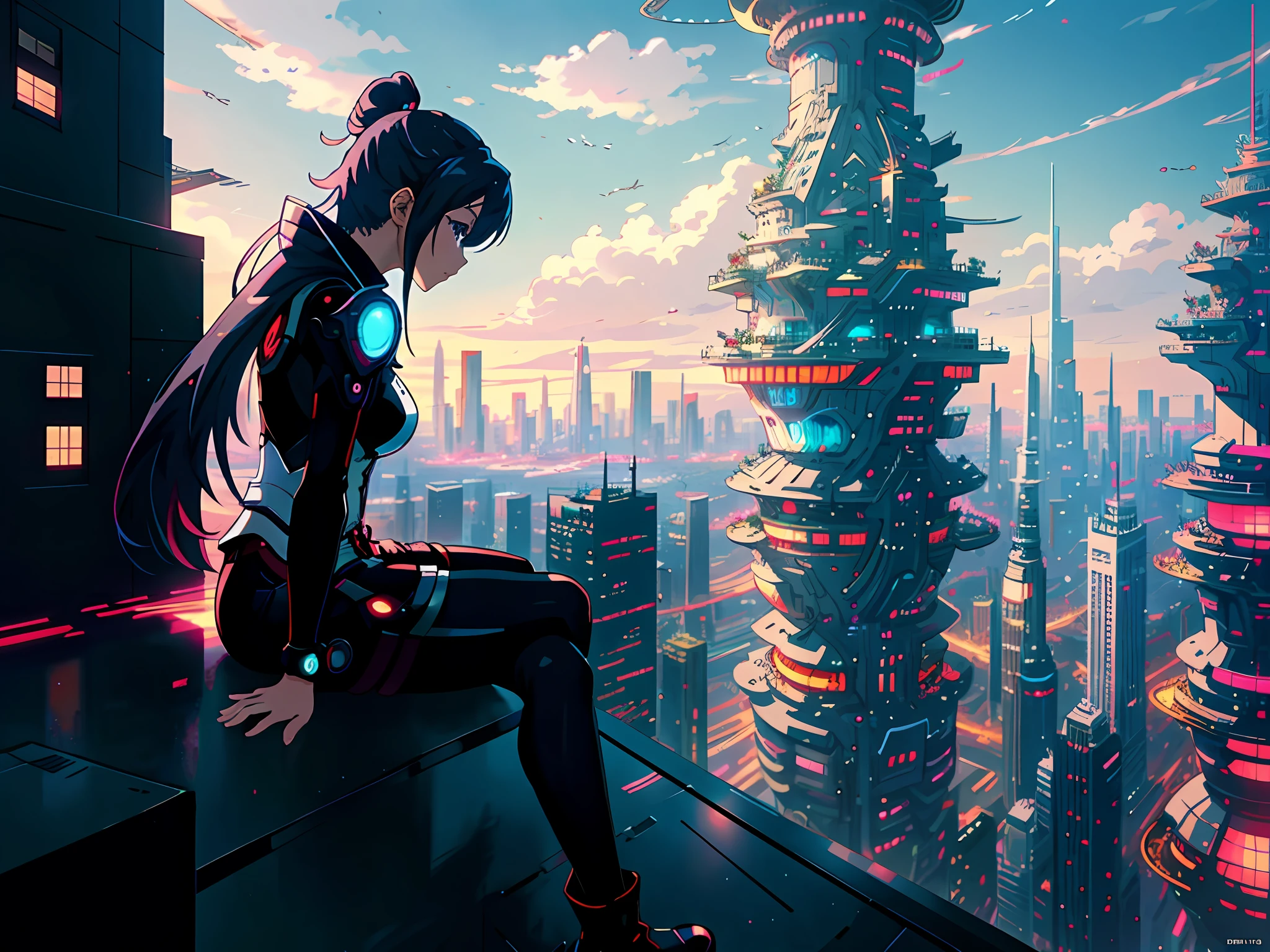 anime girl sitting on a ledge looking at a futuristic city, anime fantasy artwork, anime style 4 k, anime fantasy illustration, anime art wallpaper 4 k, anime art wallpaper 4k, anime art wallpaper 8 k, anime epic artwork, 2. 5 d cgi anime fantasy artwork, 4k anime wallpaper, beautiful fantasy anime, anime wallpaper 4 k, anime wallpaper 4k