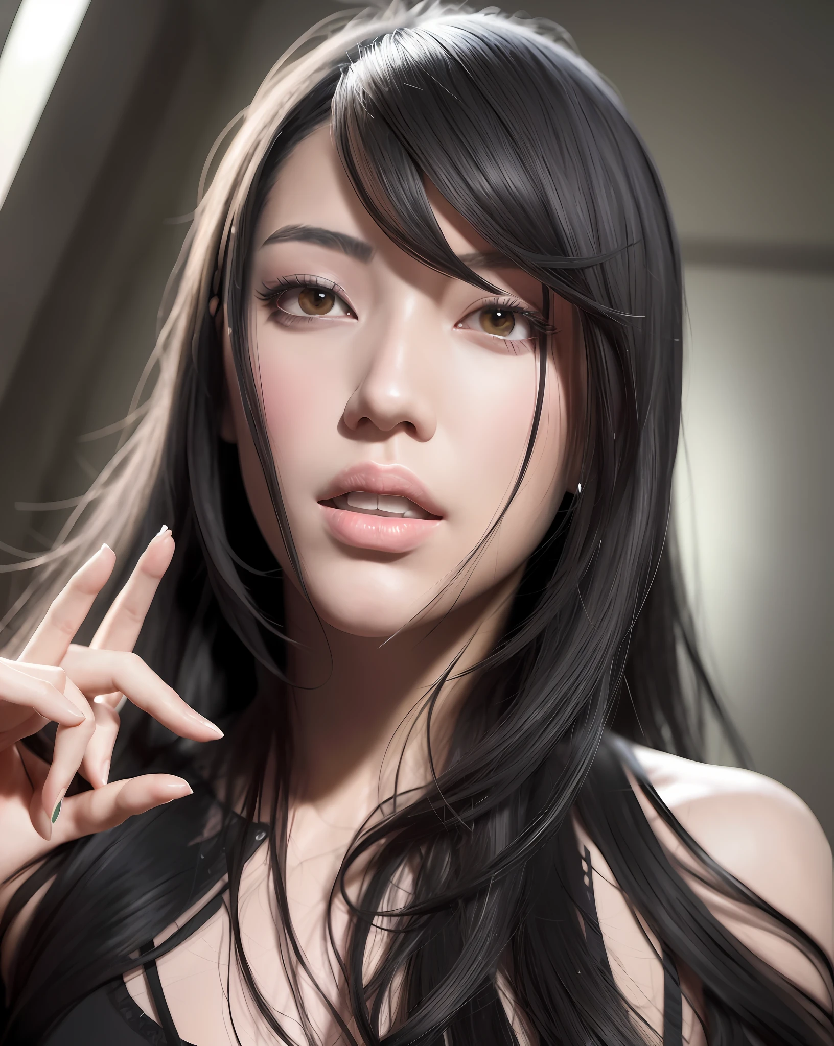 a woman with long black hair and a gray top is posing for a picture, ig model | artgerm, photorealistic!!!!!!! art style, realistic. cheng yi, photorealistic art style, inspired by Yanjun Cheng, photorealistic beautiful face, photorealistic digital painting, 8 k realistic digital art, digital art. photo realistic, high quality portrait, rossdraws digital painting