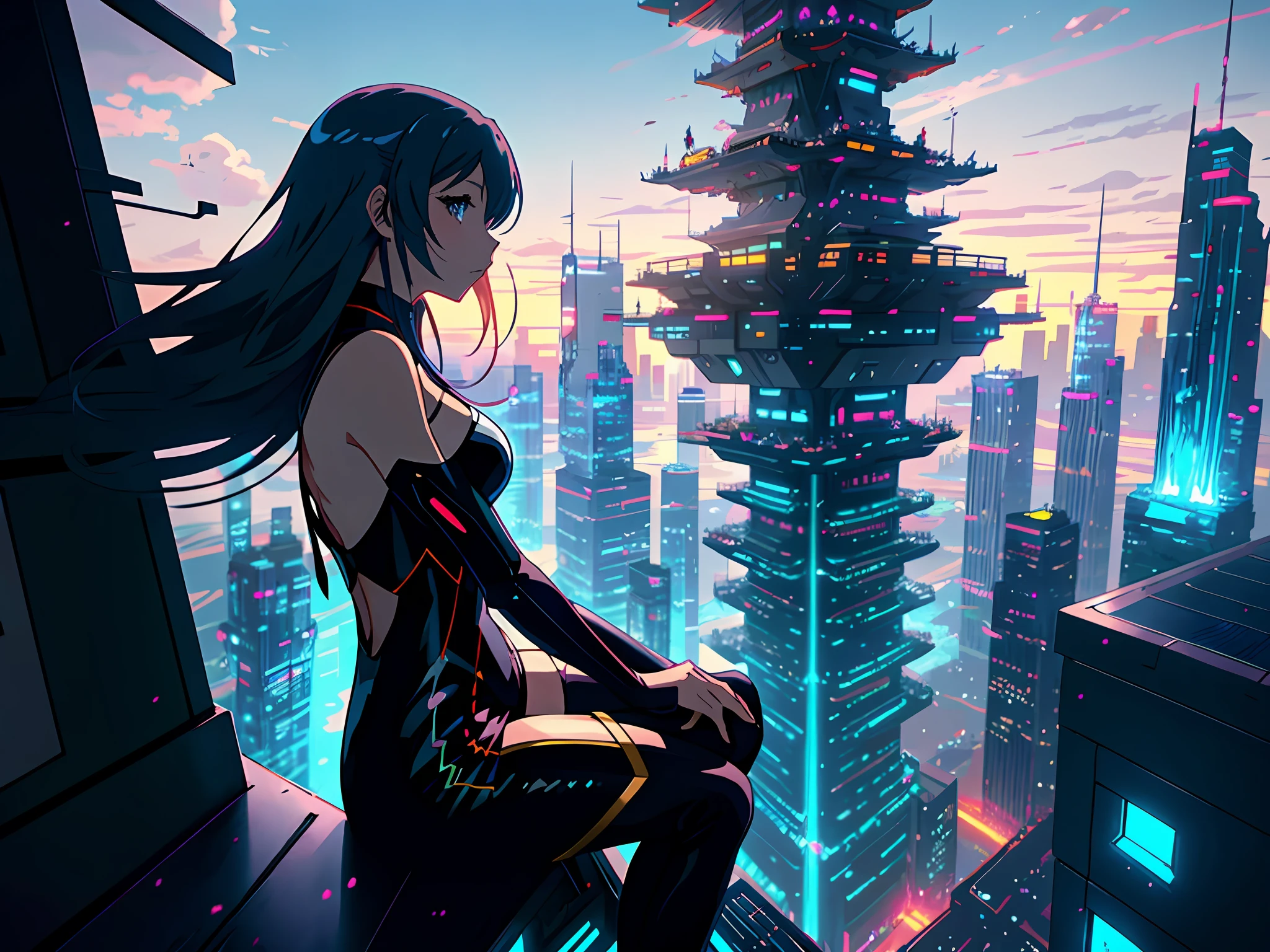 anime girl sitting on a ledge looking at a futuristic city, anime fantasy artwork, anime style 4 k, anime fantasy illustration, anime art wallpaper 4 k, anime art wallpaper 4k, anime art wallpaper 8 k, anime epic artwork, 2. 5 d cgi anime fantasy artwork, 4k anime wallpaper, beautiful fantasy anime, anime wallpaper 4 k, anime wallpaper 4k