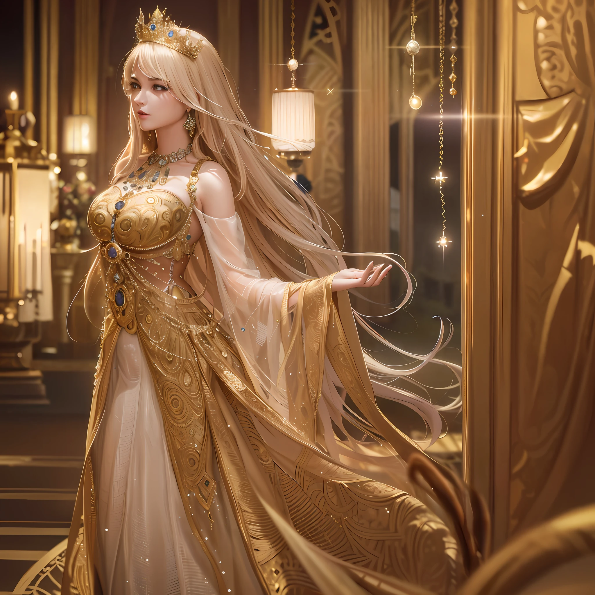 ultra realistic 8k cg, epic, (royal palace), royal, ((rich, prestige)), perfect artwork, masterpiece, picture-perfect face, perfect face, beautiful face, ((perfect female body)),  charming, , , alluring, enchanting,  mature female, narrow waist, gorgeous goddess, deity, divine queen, absurdly long hair, blonde hair, dark blue eyes, glowing eyes, piercing eyes, looking at viewer,  ((intricate detail, delicate pattern)), science fiction, jewelry, gem, gold, diamond, (intricate gold red crown)