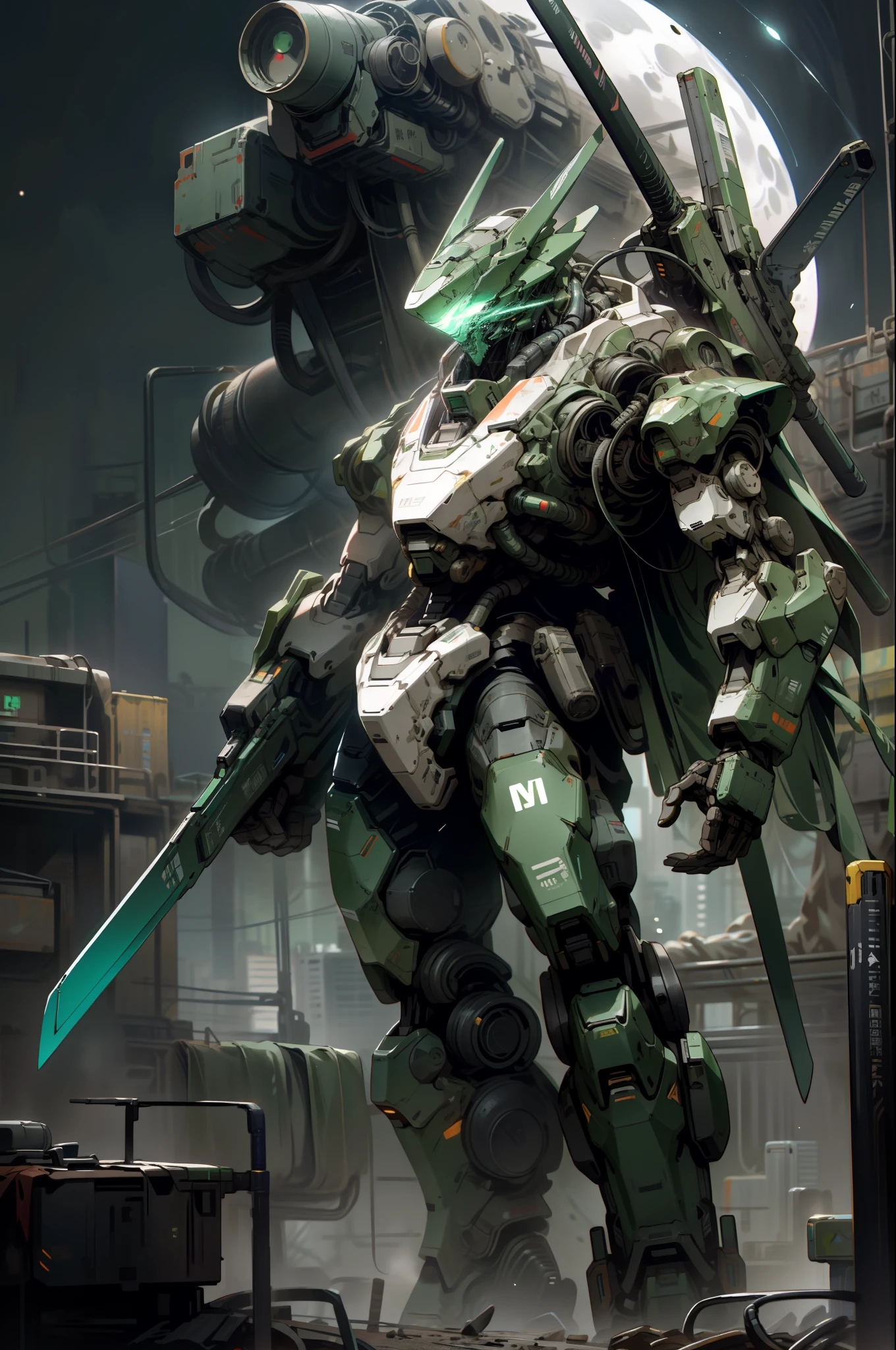 On the moon,barren planets, ruins, holding_weapon, no_humans, glowing, robot, building, glowing_eyes,green mecha, science_fiction,  realistic,mecha,Milky Way Galaxy background,neon,cyberpunk,