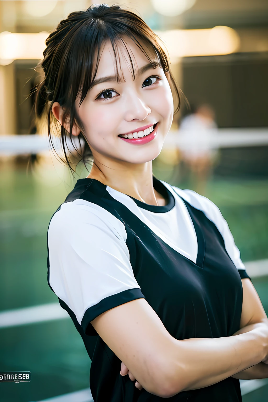 best quality, masterpiece, ultra high res, 8K, raw, (photo realistic:1.4), professional lighting, depth of field, (detailed background:1.5), (indoors, Sports Center), toned, dynamic pose, 1 girl, cute, smile, sweat, big black eyes, open mouth, tiny breasts, short hair, short bangs, detailed clothes, (volleyball uniform)