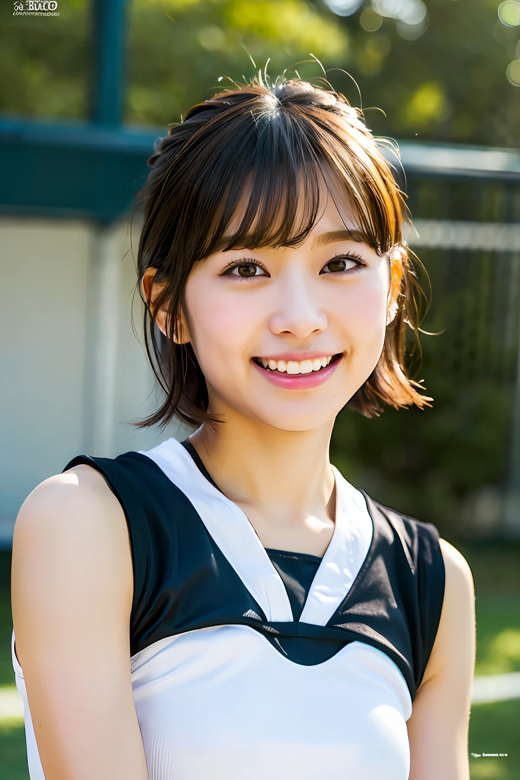 best quality, masterpiece, ultra high res, 8K, raw, (photo realistic:1.4), professional lighting, depth of field, (detailed background:1.5), (indoors, Sports Center), toned, dynamic pose, 1 girl, cute, smile, sweat, big black eyes, open mouth, tiny breasts, short hair, short bangs, detailed clothes, (volleyball uniform)