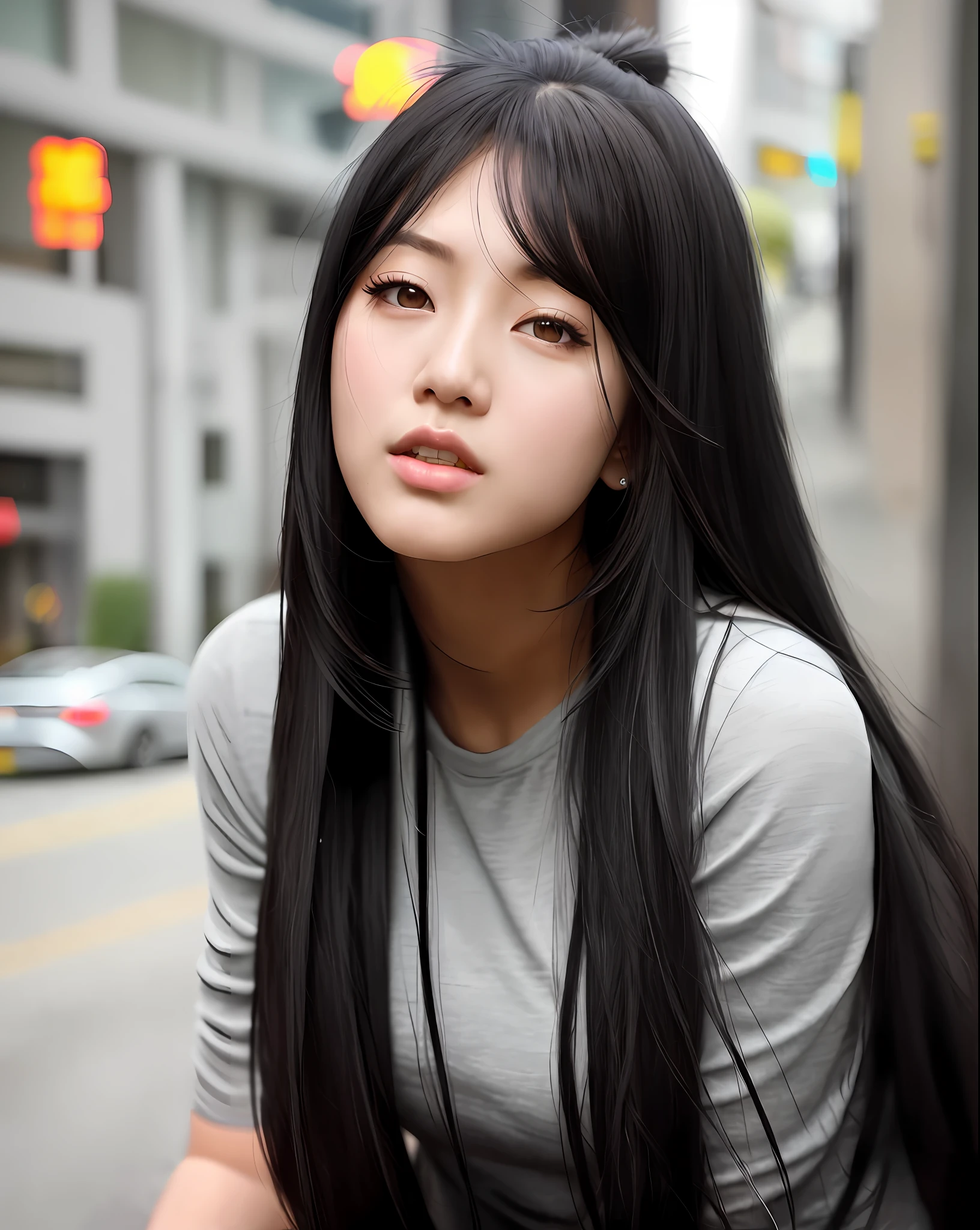 a woman with long black hair wearing a gray top, ig model | artgerm, ruan jia beautiful!, cindy avelino, gorgeous chinese model, xision wu, leaked image, asian features, lulu chen, 🤤 girl portrait, realistic. cheng yi, xintong chen, wenfei ye, asian girl with long hair, gongbi, beautiful asian girl