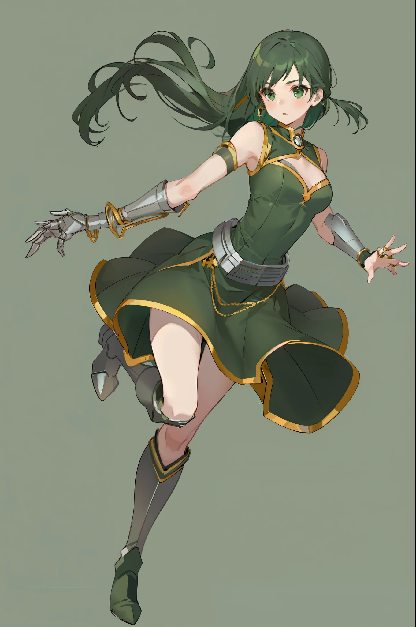 masterpiece, best quality, high resolution, ultra detailed, beautiful, 1girl, green fabric dress with gold rim, (((metal boots))), ((metal arm ring)), simple background, running