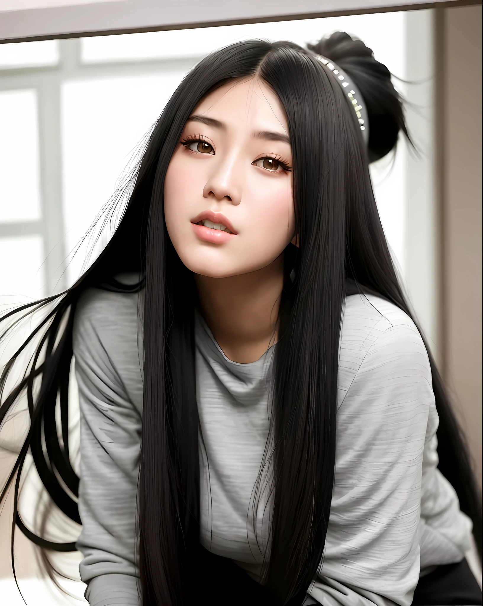 a woman with long black hair wearing a gray top, ig model | artgerm, ruan jia beautiful!, cindy avelino, gorgeous chinese model, xision wu, leaked image, asian features, lulu chen, 🤤 girl portrait, realistic. cheng yi, xintong chen, wenfei ye, asian girl with long hair, gongbi, beautiful asian girl