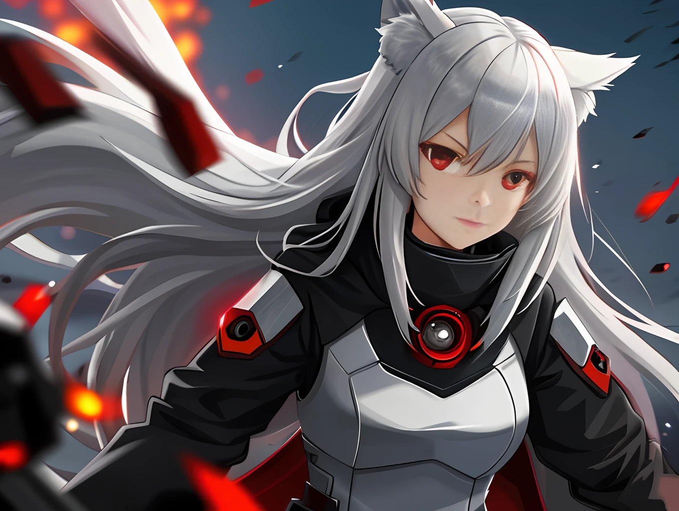 Female, Hungry Wolf, Red Eyes, 3x3 Eyes, Mecha Bullet Stone, Masterpiece, Best Quality, Dusk, Battlefield, Depth of Field, Messy,