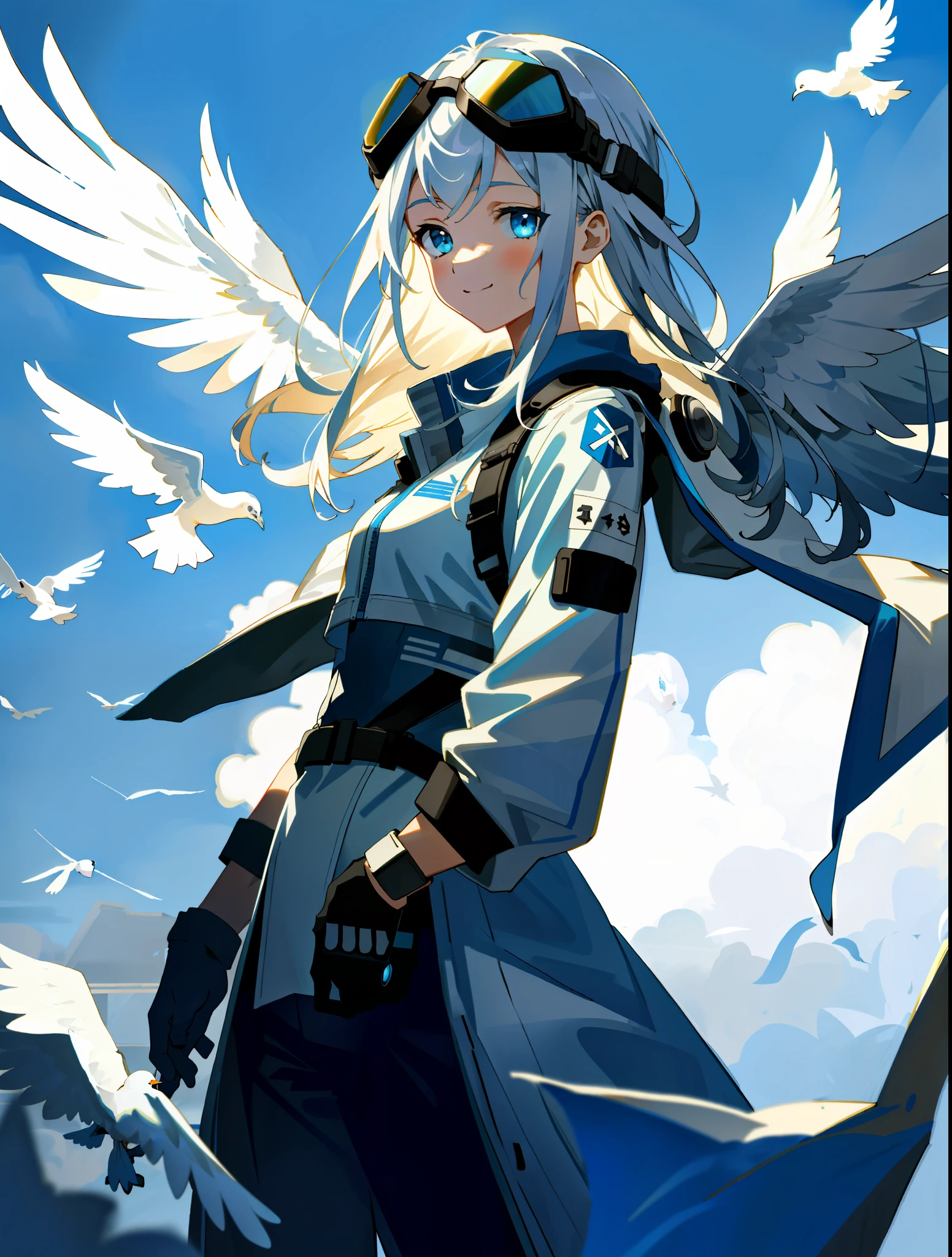 A maiden, facing the camera, smiling, tender, white dove, delicate face, delicate hair, white shoulder-length hair, punk jacket, front view, blue eyes, (goggles worn on the head), dramatic light, dramatic shadows, ray tracing