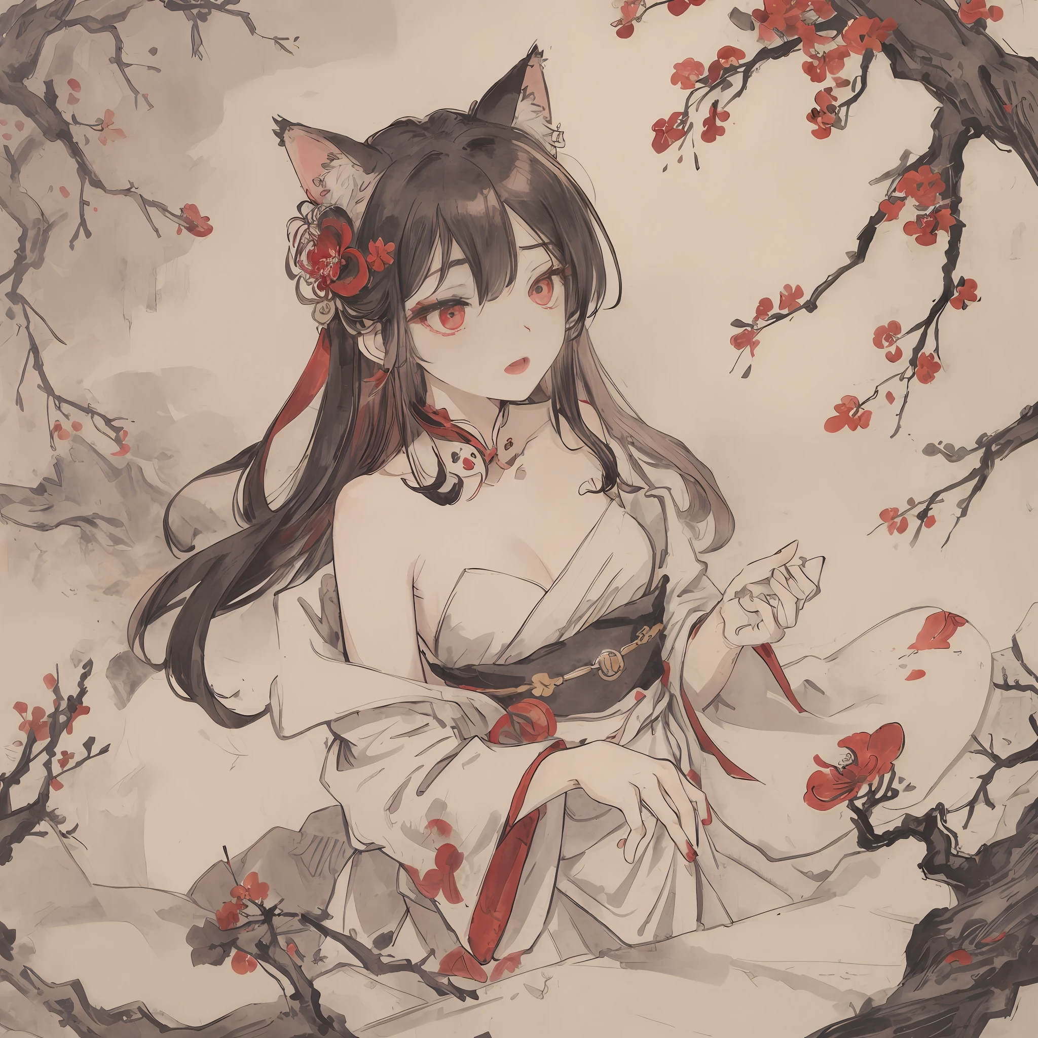 ((High resolution)), (Open Mouth), (Bust), (Top Quality), ((Super Fine)) (Super Fine CG)), ((8k_wallpaper)), Dynamic Angle, Floating, (Eyes with Beautiful Details), Very Delicate and Beautiful Girl, Upper Body, Ink Painting, (Chinese Style), Dark Eyes, Burning, Detail Light. from_low, (black hair), (red spider) lily: 1.33), aqua eye, (hair flower: 1.3), Bloom, single, starry sky, hair accessories, earrings, jewelry, messy hair, bare shoulders, half-closed eyes, bloom, (men), (Hanfu: 1.3), (Medium breasts): 1.2), (Eyeshadow, Red Eyeliner: 1.15), (Eyeshadow, Red Eyeliner: 1.15), (Eyeshadow, Red Eyeliner: 1.15), (Visible Eyes Through Hair: 1.2), (Solo Exhibition)), Red Moon, Cat Ears