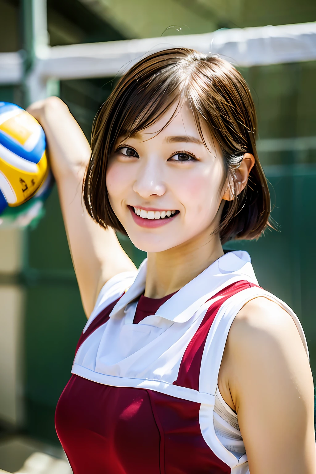 best quality, masterpiece, ultra high res, 8K, raw, (photo realistic:1.4), professional lighting, depth of field, (detailed background:1.5), (indoors, Sports Center:1.3), toned, dynamic pose, 1 girl, cute, smile, sweat, open mouth, short hair, short bangs, detailed clothes, (volleyball uniform:1.3)