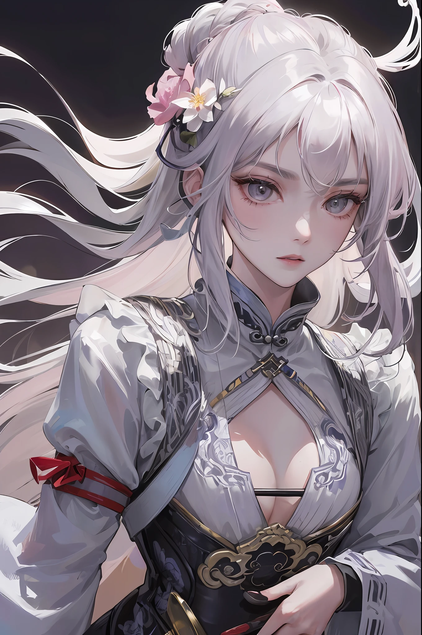 Masterpiece, Excellent, Night, Full Moon, 1 Woman, Mature Woman, Chinese Style, Antique China, Sister, Royal Sister, Cold Face, Expressionless, Silver-White Long-Haired Woman, Light Pink Lips, Calm, Intellectual, Three Bands, Gray Eyes, Assassin, Short Knife, Flower Ball Background, Walking in the Street View, Facial Details