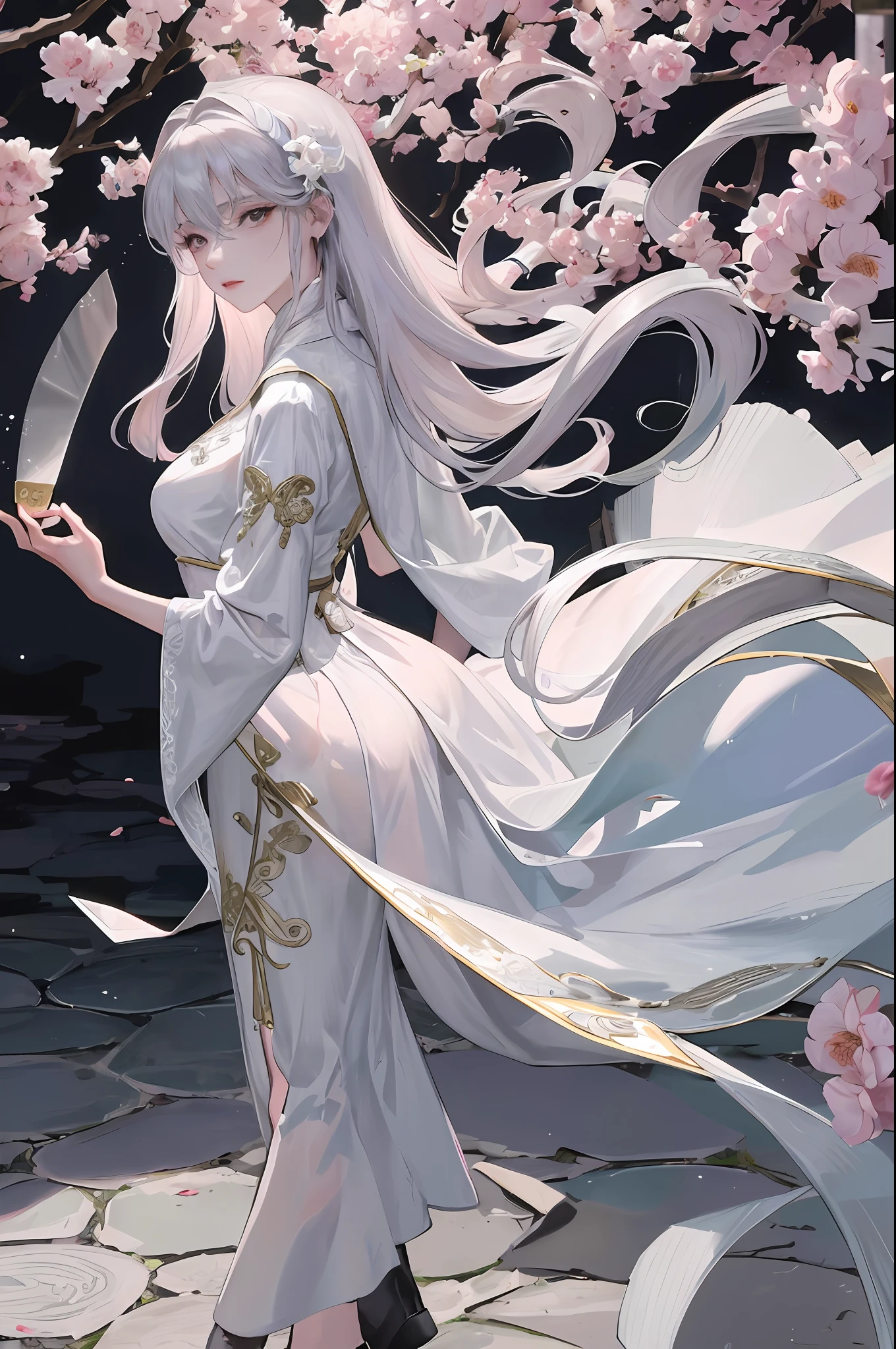 Masterpiece, Excellent, Night, Full Moon, 1 Woman, Mature Woman, Chinese Style, Antique China, Sister, Royal Sister, Cold Face, Expressionless, Silver-White Long-Haired Woman, Light Pink Lips, Calm, Intellectual, Three Bands, Gray Eyes, Assassin, Short Knife, Flower Ball Background, Walking in the Street View, Facial Details