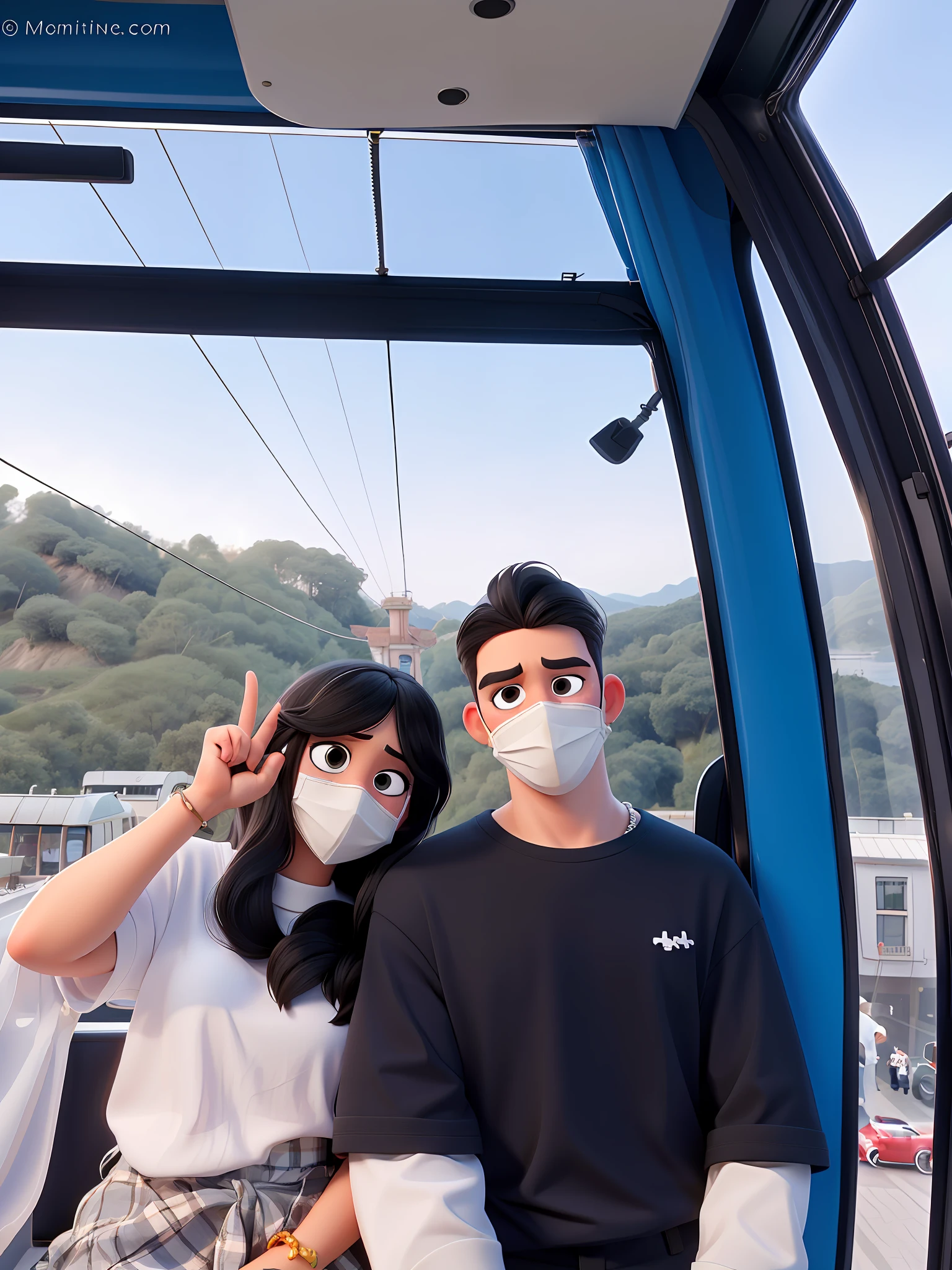 Couple taking pictures in cable car, girl with long hair, boy with short hair, big eyes, cute eyes, beautiful eyes, wearing white mask, white t-shirt, tied with black and white plaid shirt, black t-shirt, handsome, beautiful, sunny, cute, warm picture, warm light, close-up details, pixar style, oc rendering, 8K