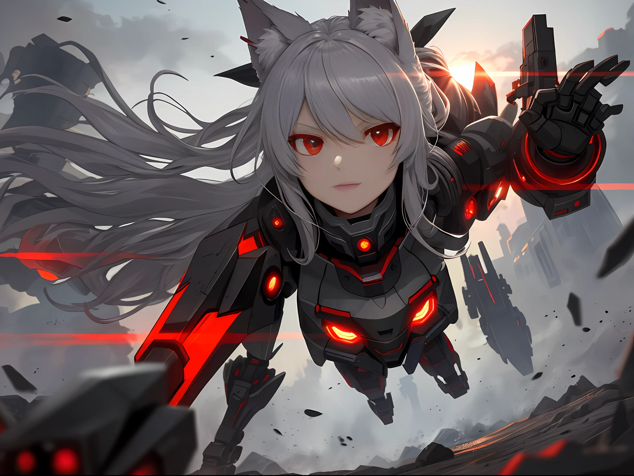Female, Hungry Wolf, Red Eyes, 3x3 Eyes, Mecha Bullet Stone, Masterpiece, Best Quality, Dusk, Battlefield, Depth of Field, Messy,