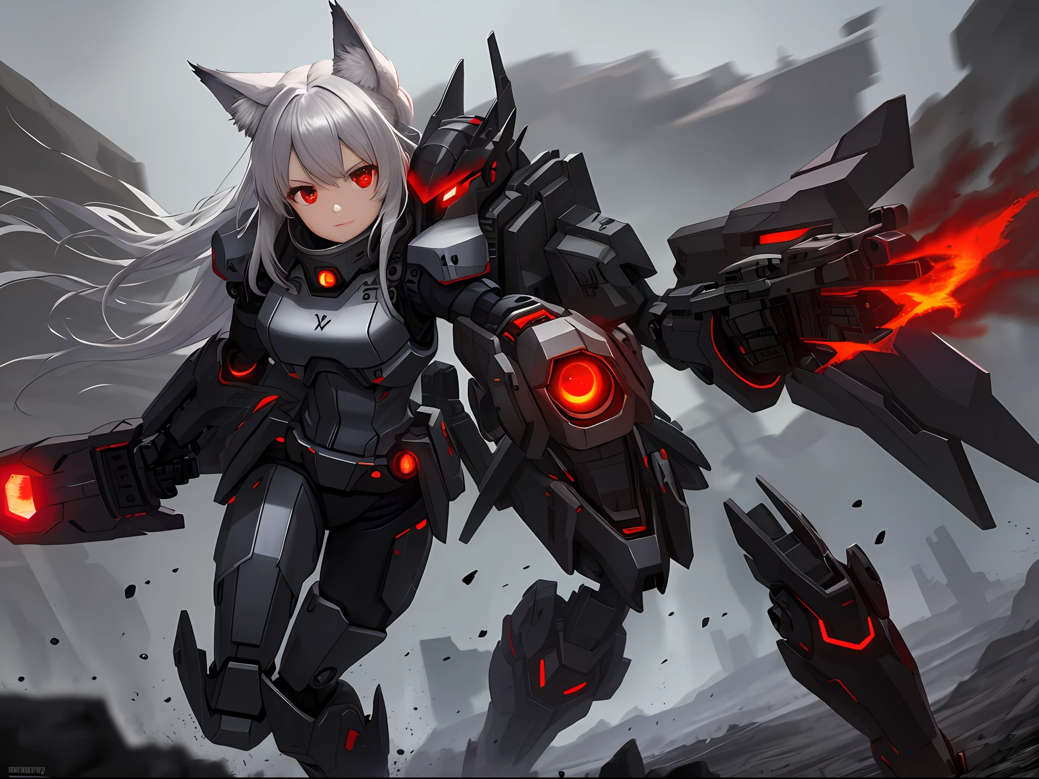 Female, Hungry Wolf, Red Eyes, 3x3 Eyes, Mecha Bullet Stone, Masterpiece, Best Quality, Dusk, Battlefield, Depth of Field, Messy,