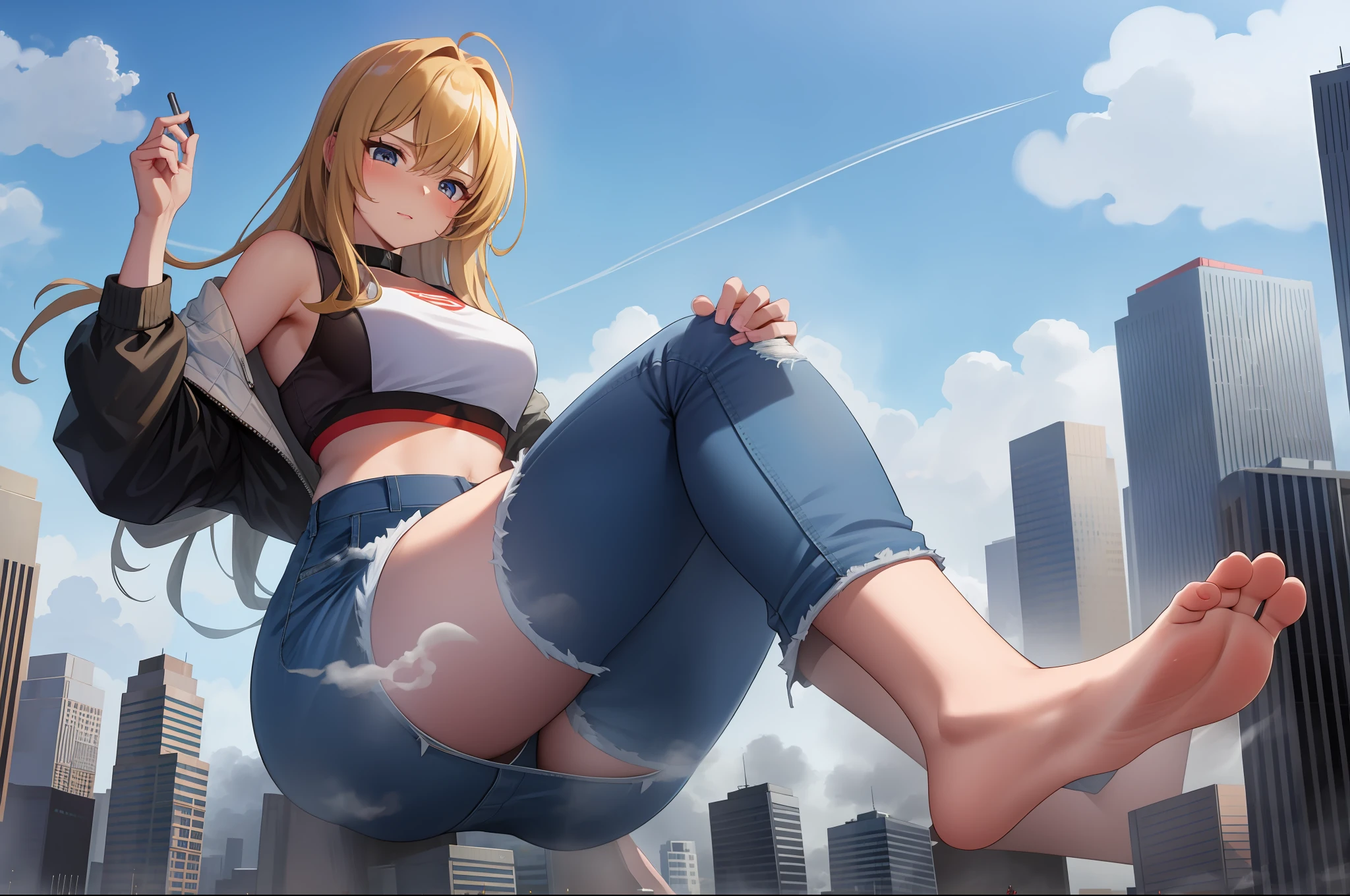 Giantess wearing crop top and jeans, barefoot, athletic body, gts city, city buildings, smoke, clouds, evil