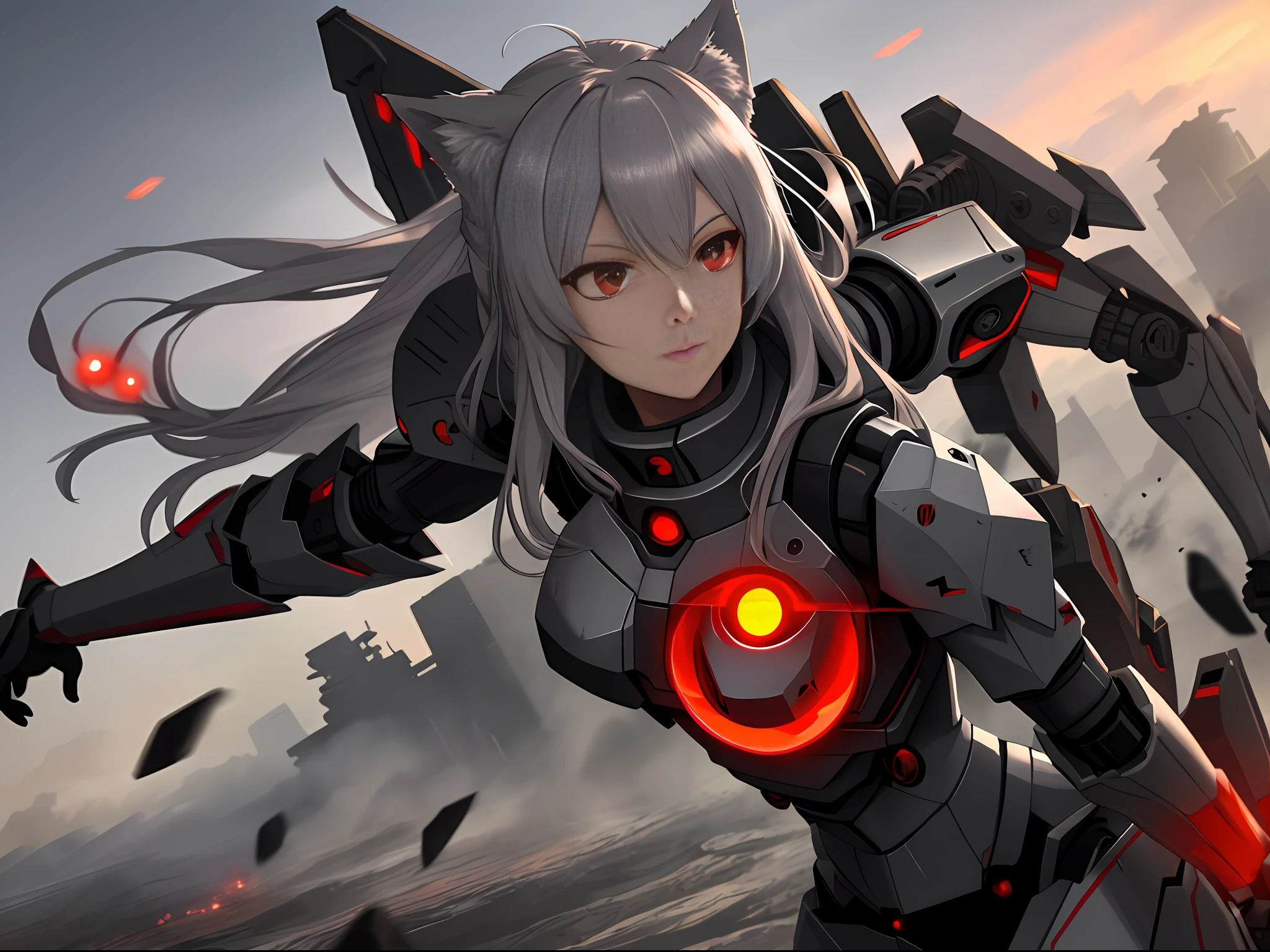 Female, Hungry Wolf, Red Eyes, 3x3 Eyes, Mecha Bullet Stone, Masterpiece, Best Quality, Dusk, Battlefield, Depth of Field, Messy,