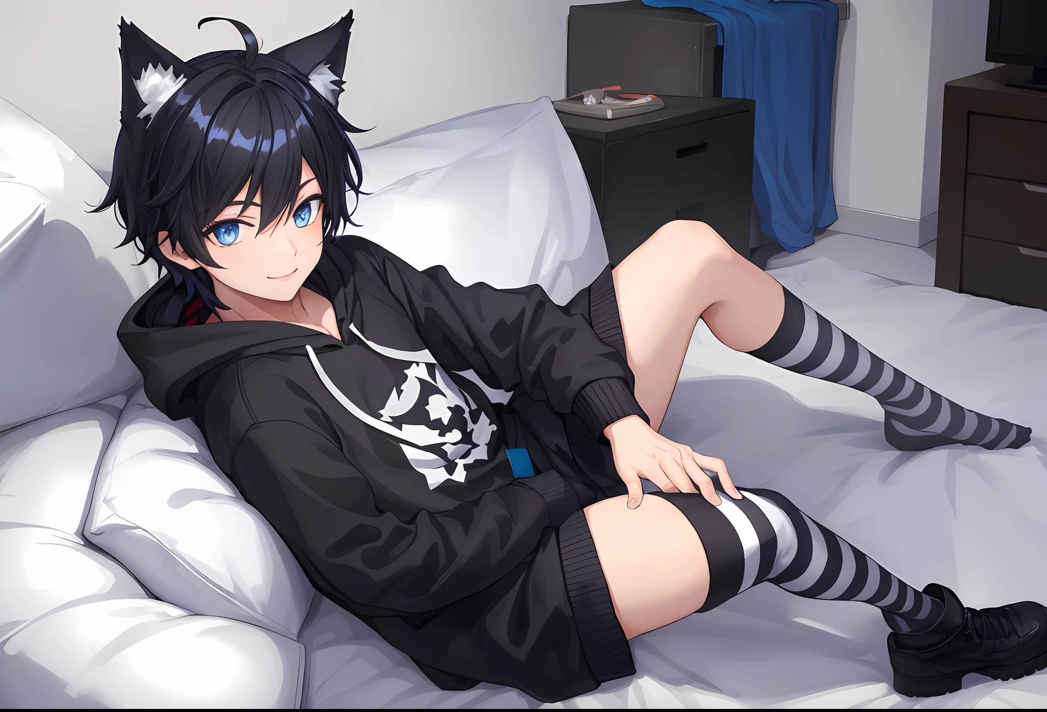 1boy, big sharp cat ears, fluffy cat tail, blue eyes, black messy short hair, smile, looking at camera, black striped thigh highs, hoodie, HD, vibrant, masterpiece, best quality