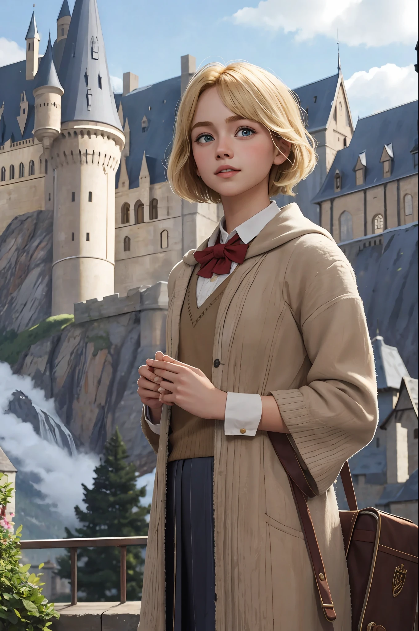 Best quality, masterpiece, Hogwarts student, short blonde hair, girl, outdoors, castle