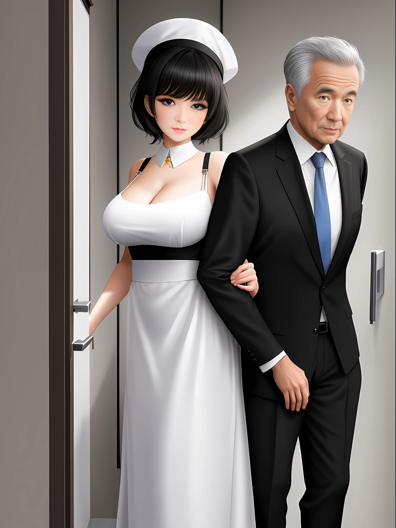 Full body photo, 1 woman in black clothes with white props from an extremely exhibitionist maid and 1 old man of 90 years old with a suit and tie, holding her from behind, immensely large breasts, clothes very tight on the body, looking at the viewer, maid hat, she has short black hair, blue eyes, they are in a bathroom in front of the shower, anime, 16k, best quality, highres, award winning, high details, UHD, masterpiece, anatomically correct, ccurate