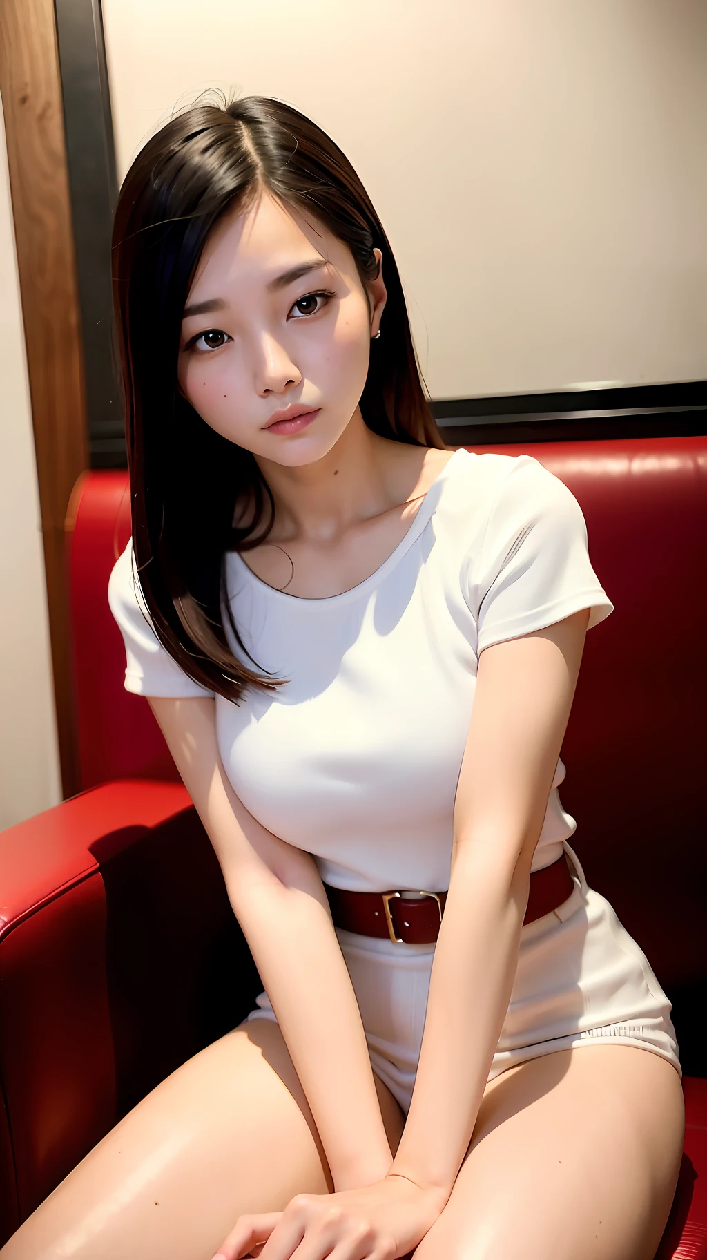 a close up of a woman sitting on a chair in a restaurant, korean girl, gorgeous young korean woman, beautiful south korean woman, beautiful young korean woman, beautiful asian girl, korean woman, 2 4 year old female model, smooth white tight clothes suit, 2 2 years old, asian girl, 2 7 years old, 21 years old, wearing a cute top