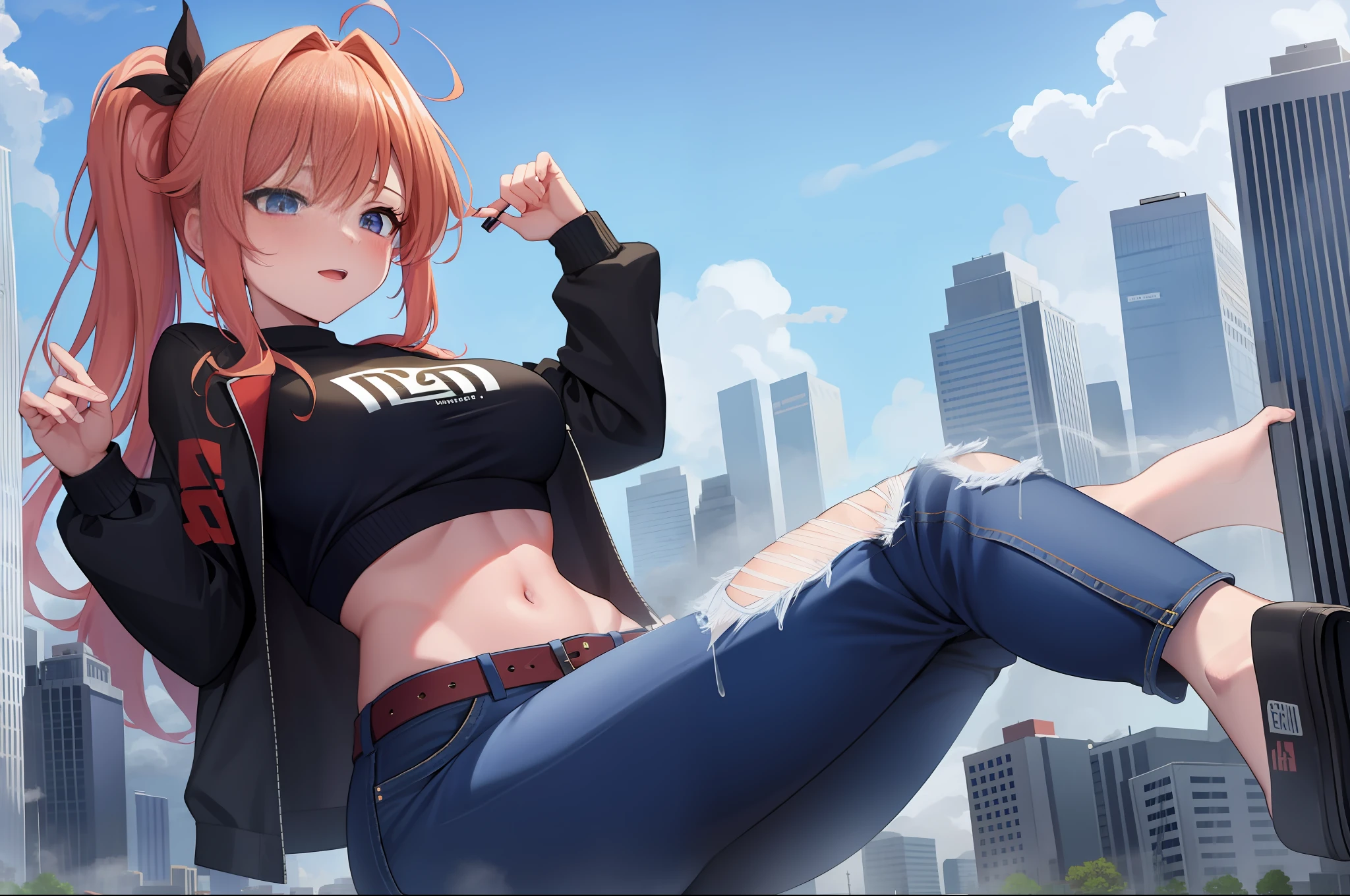 Giantess wearing crop top and jeans, barefoot, athletic body, gts city, city buildings, smoke, clouds, evil