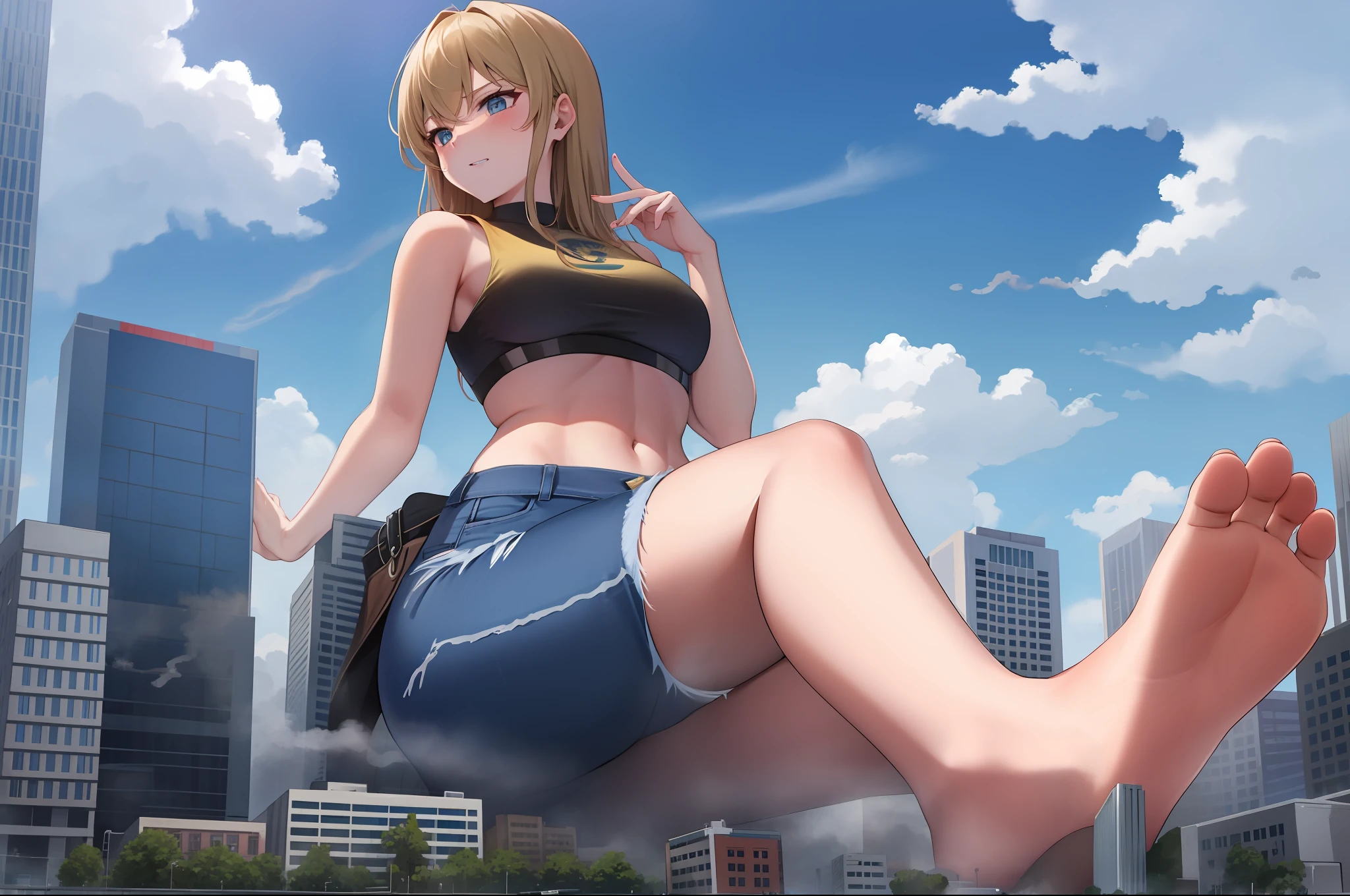Giantess wearing crop top and jeans, barefoot, athletic body, gts city, city buildings, smoke, clouds, evil