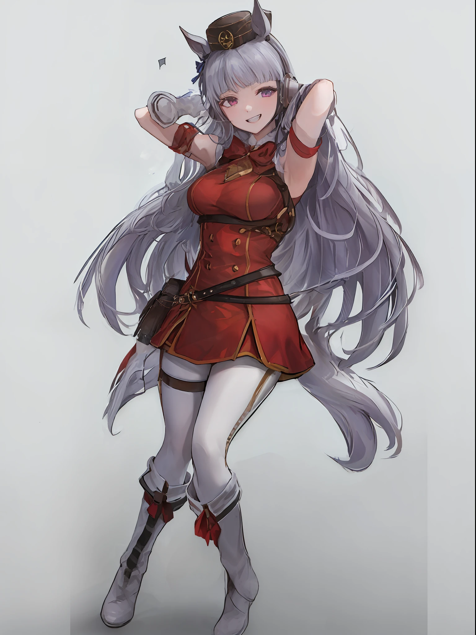 ((masterpiece, best quality)), white gloves, horse ears, hat, white pantyhose, stadium, 1girl, solo, high quality, best quality, good body, official art, (solo), gold ship (umamusume), (large breasts), (evil smile), wide hips, (teeth), grin, horse ears, long hair, pillbox hat, purple eyes, white hair, looking at viewer, simple background, arms up,