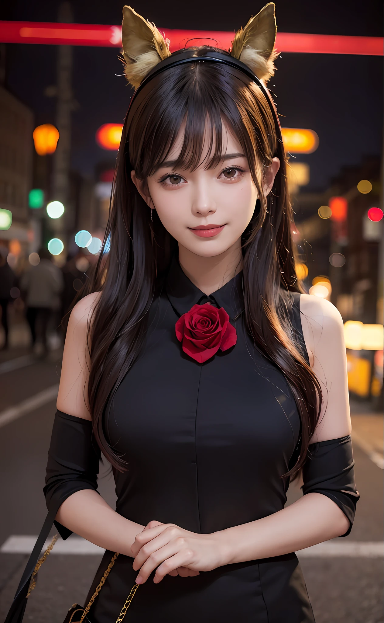 1 girl, Tokyo Street, night, cityscape, city lights, upper body, close-up, 8k, RAW photo, top quality, masterpiece, realistic, photorealistic, red rose headgear, parted bangs, long hair, shy smile, wink