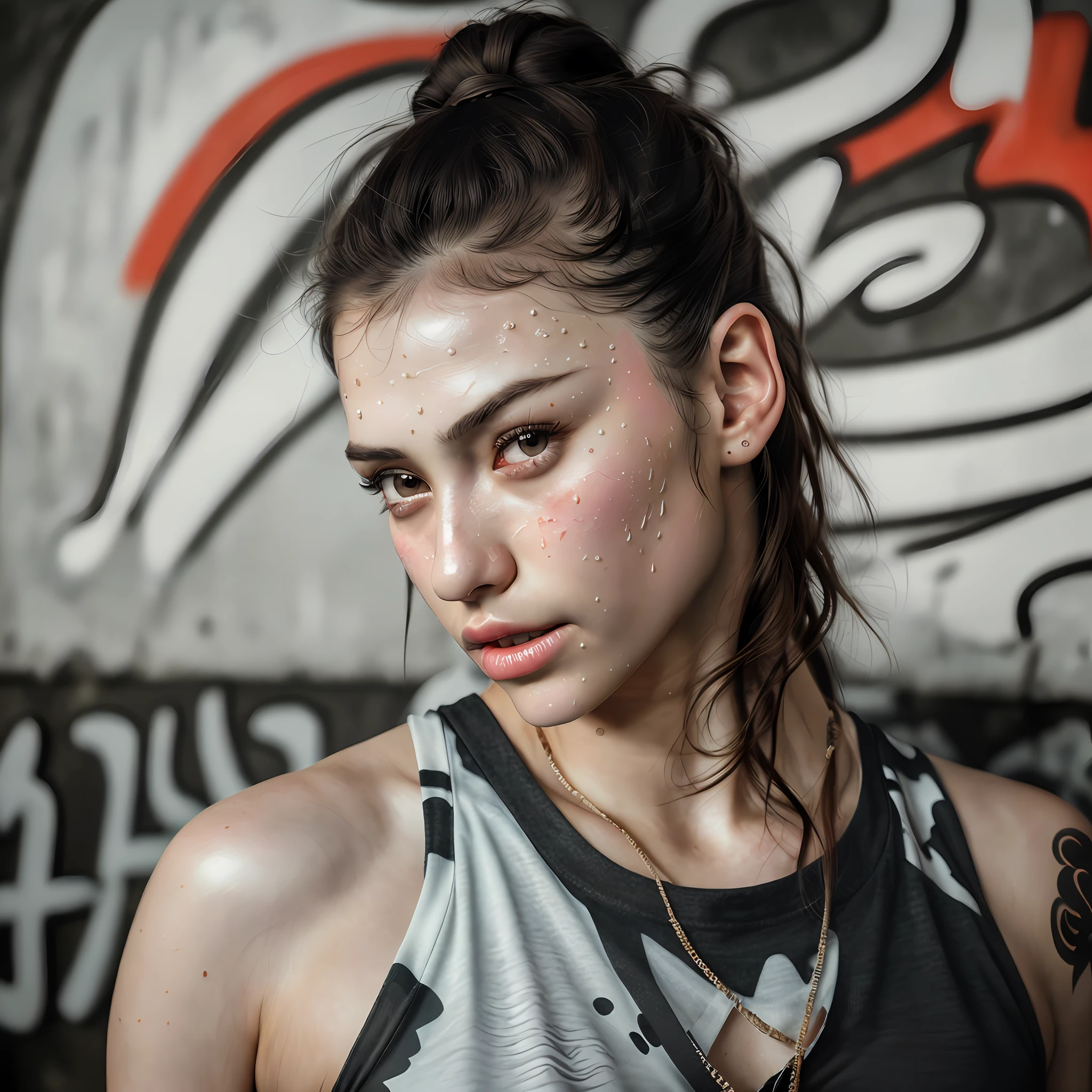 Boxing, with sweat drops on her face, ukraina girl, girl, boxing clothes, realistic, high quality,8k,(best quality, masterpiece, realistic, detailed), 8k CG, perfect artwork,full body, on guard, black hair,tied hair, perfect body, Brown eye, graffiti wall with winner on the back, (ulzzang-6500-v1.1,(raw photo:1.2), (photorealistic:1.4), beautiful detailed girl, extremely detailed eyes and face, beautiful detailed eyes,absurdres, incredibly absurdres, huge filesize , ultra-detailed, highres, extremely detailed,best quality ,masterpiece, illustration, an extremely delicate,war desire in your eyes