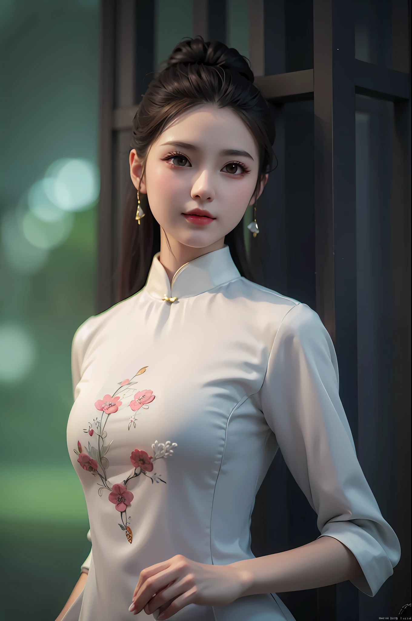 arafed woman in a white dress posing for a picture, cheongsam, with acient chinese clothes, chinese dress, chinese style, gorgeous chinese model, beautiful south korean woman, traditional chinese clothing, smooth white tight clothes suit, white hanfu, ao dai, elegant japanese woman, chinese girl, elegant fashion model, cute elegant pose, digital art of an elegant