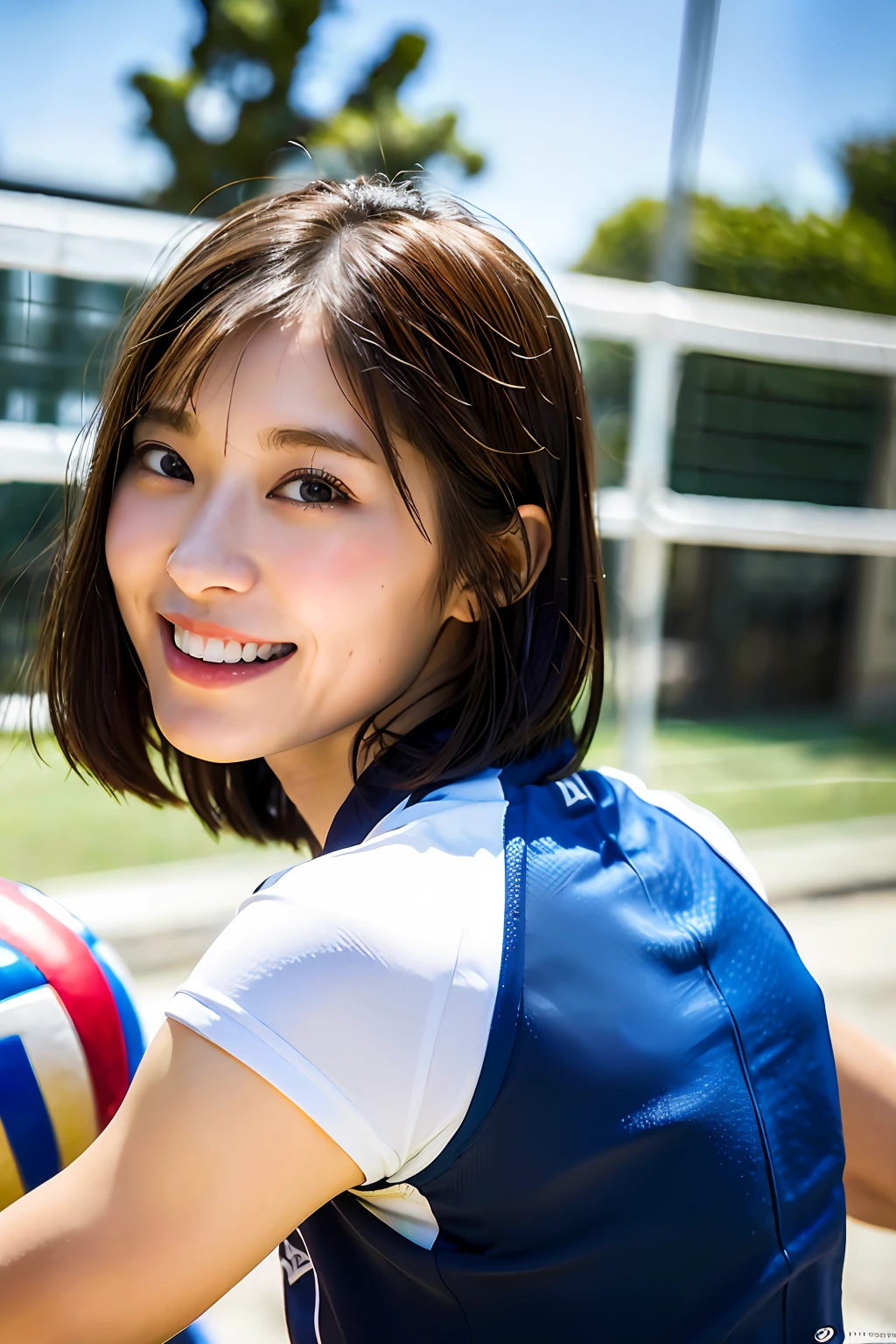 best quality, masterpiece, ultra high res, 8K, raw, (photo realistic:1.4), professional lighting, low angle, (detailed background:1.5), (indoors, Sports Center), toned, dynamic pose, 1 girl, cute, smile, sweat, open mouth, tiny breasts, bob cut, detailed clothes, (volleyball uniform:1.3)