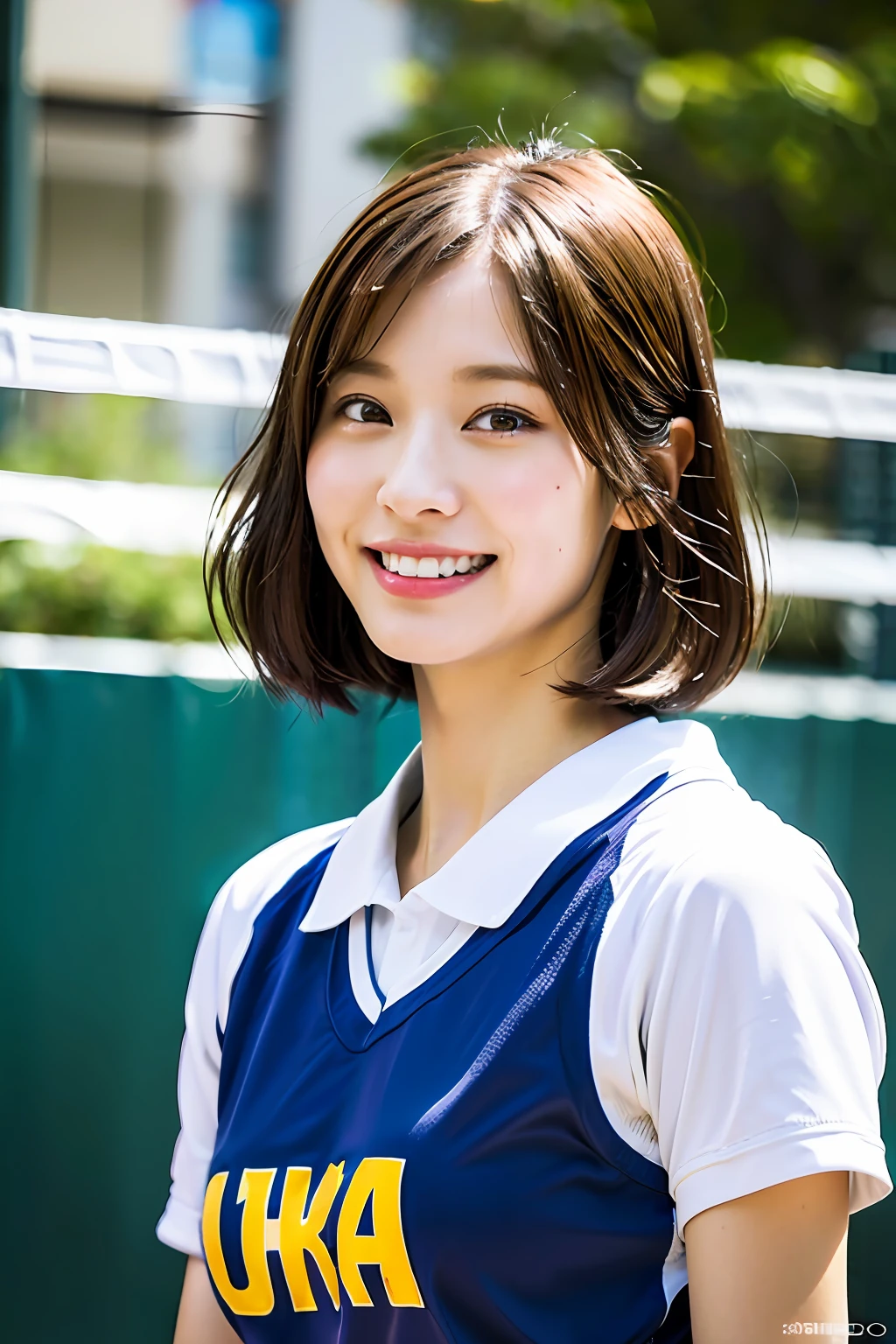 best quality, masterpiece, ultra high res, 8K, raw, (photo realistic:1.4), professional lighting, low angle, (detailed background:1.5), (indoors, Sports Center), toned, dynamic pose, 1 girl, cute, smile, sweat, open mouth, tiny breasts, bob cut, detailed clothes, (volleyball uniform:1.3)