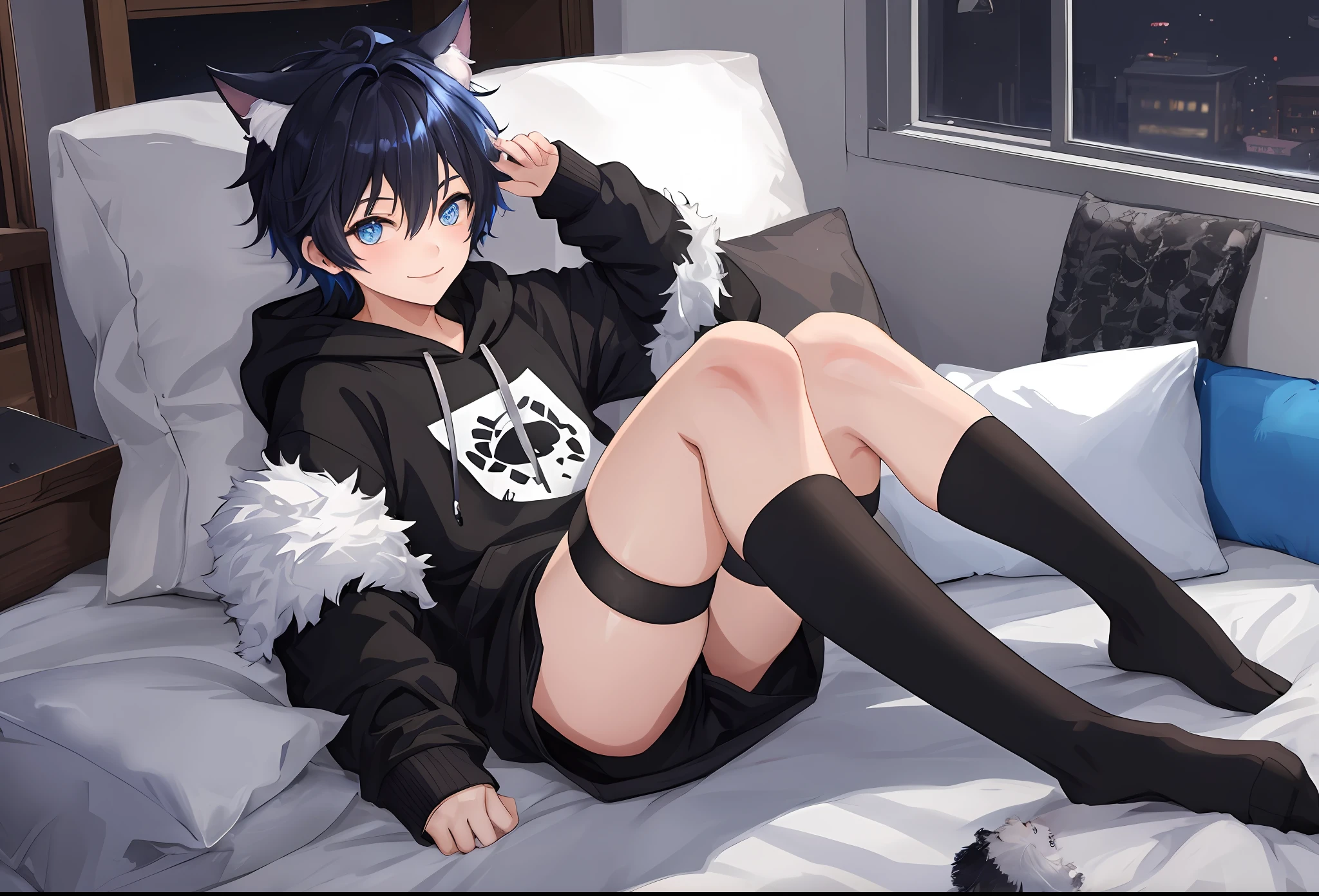 1boy, big sharp cat ears, fluffy cat tail, blue eyes, black messy short hair, smile, looking at camera, black striped thigh highs, hoodie, HD, vibrant, masterpiece, best quality